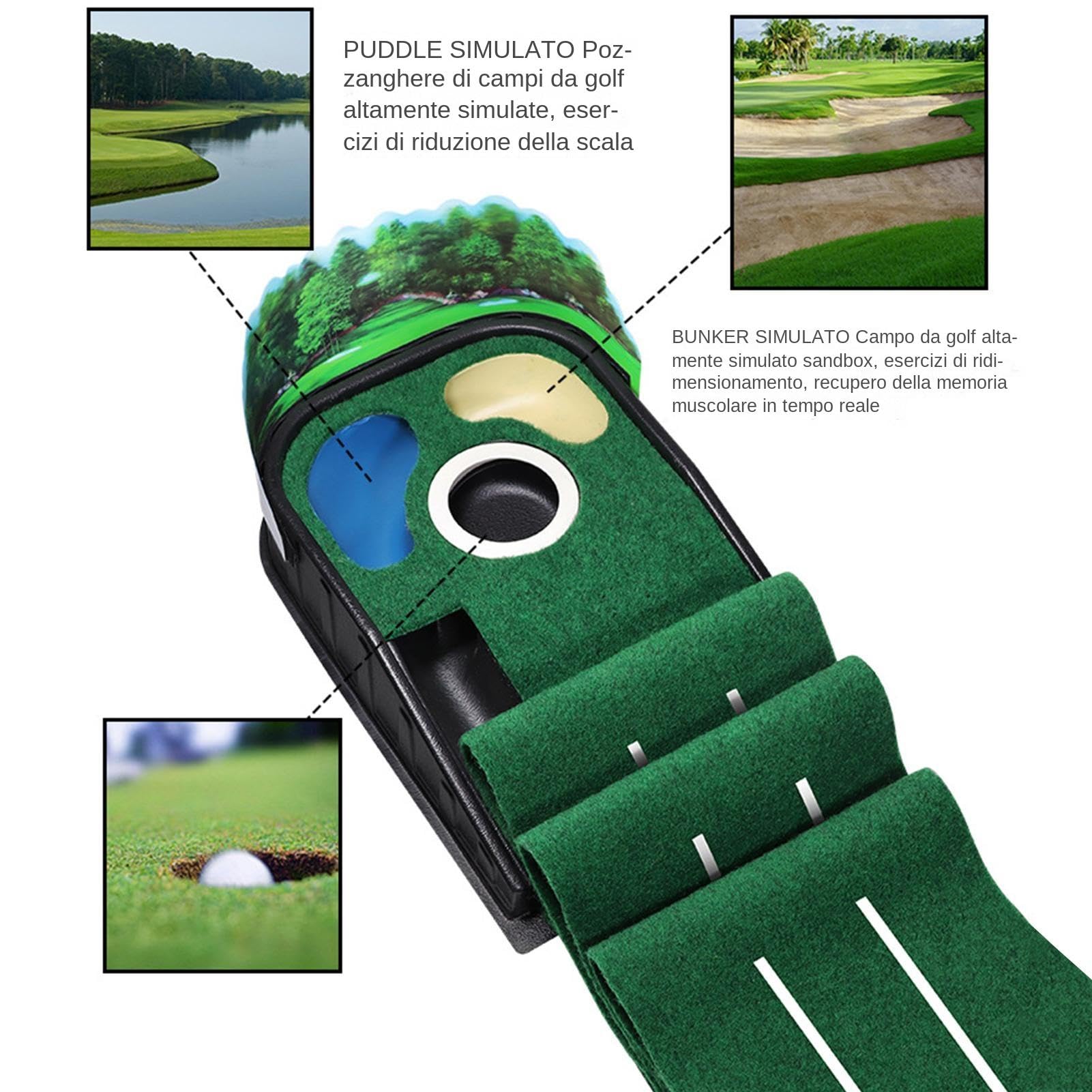 Putting Green per interni Tappetino da golf per interni Lussuoso tappetino in velluto Legno massiccio da golf Ritorno automatico della pallina Golf per interni/esterni Pratica del putting domestico Ta