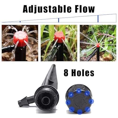 Miniatura 3 de HOINCO - 100 emisores de goteo universales de 1/4 de pulgada de 360 grados en estaca de 5 pulgadas, flujo ajustable de 0-18.5 GPH para tubos de