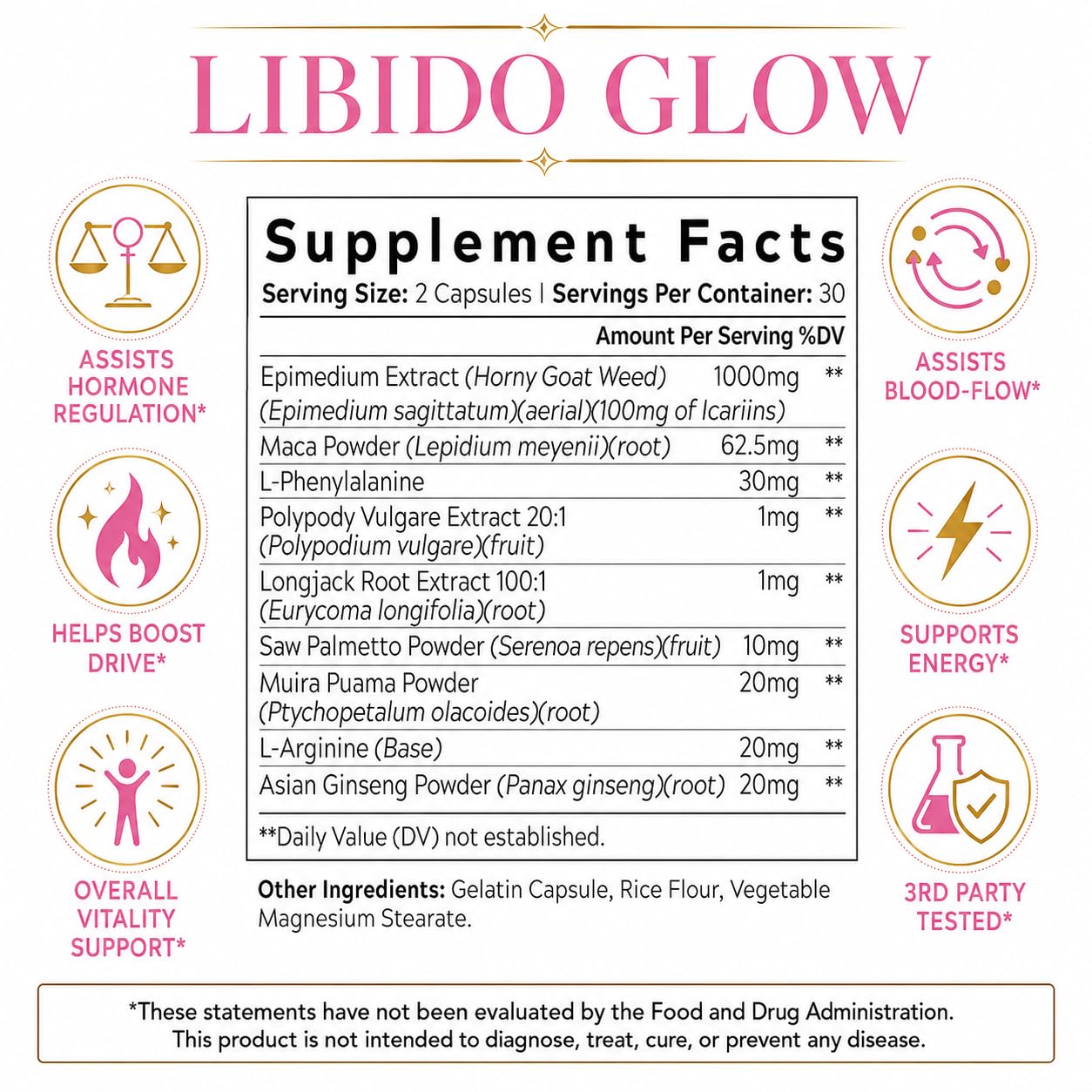 || G L O W || Premium Libido Support for Women - Assists Female Drive, Passion, Hormones, Blood-Flow, Energy - 9 Ingredients - Horny Goat Weed, Maca, Longjack & More - 3rd Party Tested - 60 Caps — Amazon image 5