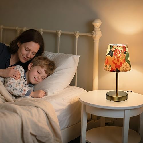 Miniatura 6 de Retro Rounds Flowers Red Table Lamps 3 Way Dimmable Bedside Lamps with Fabric Linen Shade for End Table, Living Room Desk, Metal Base lamparas para