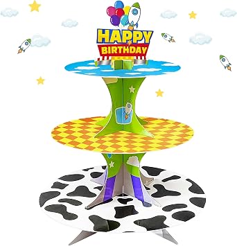 3-Tier Cartoon Story Cupcake Stand Rocket Theme Birthday Party Supplies