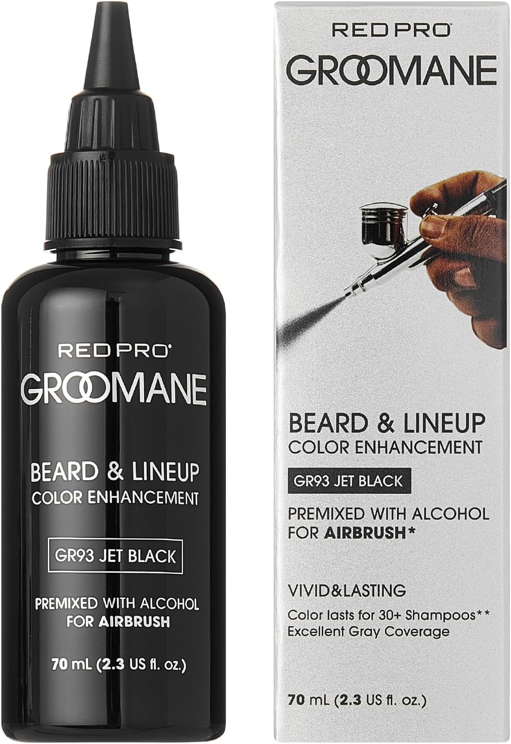 RED Pro GROOMANE Beard & Lineup Color Enhancement for Airbrush, Natural Semi-Permanent Barber Beard Dye, Long-Lasting Gray Coverage, Men Hairline Color (Jet Black (Premix), 2.3 fl.oz)