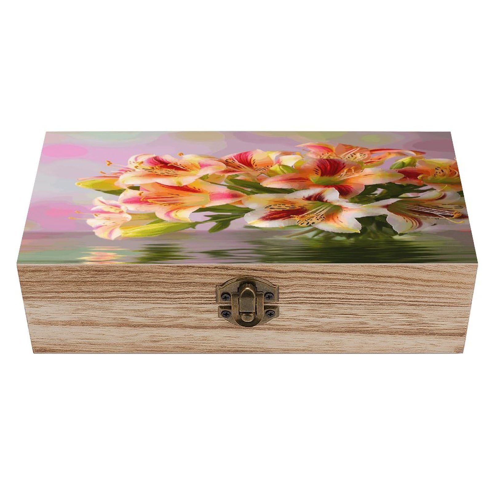 VstaDank Alstroemeria Wooden Storage Box Wooden Keepsake Box with A Hinged Lid Fashion Memory Treasure Boxes Decorative Jewelry Case for Crafts Photo Home Decor Wood Gift Box