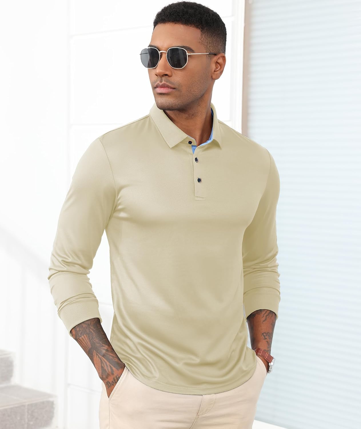 V VALANCH 3 Pack Mens Long Sleeve Polo Shirts Moisture Wicking Golf Polos Business Casual Collared Shirts