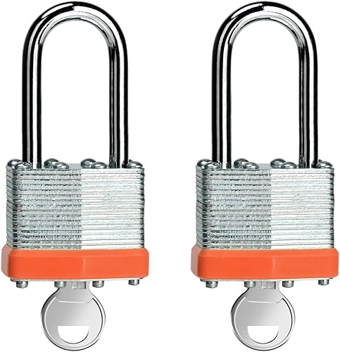 LQYN Candado laminado con llave (1-916 pulgadas, 1.575 in), cerraduras iguales con llave, aro naranja, grillete largo, paquete de 2, cerradura para