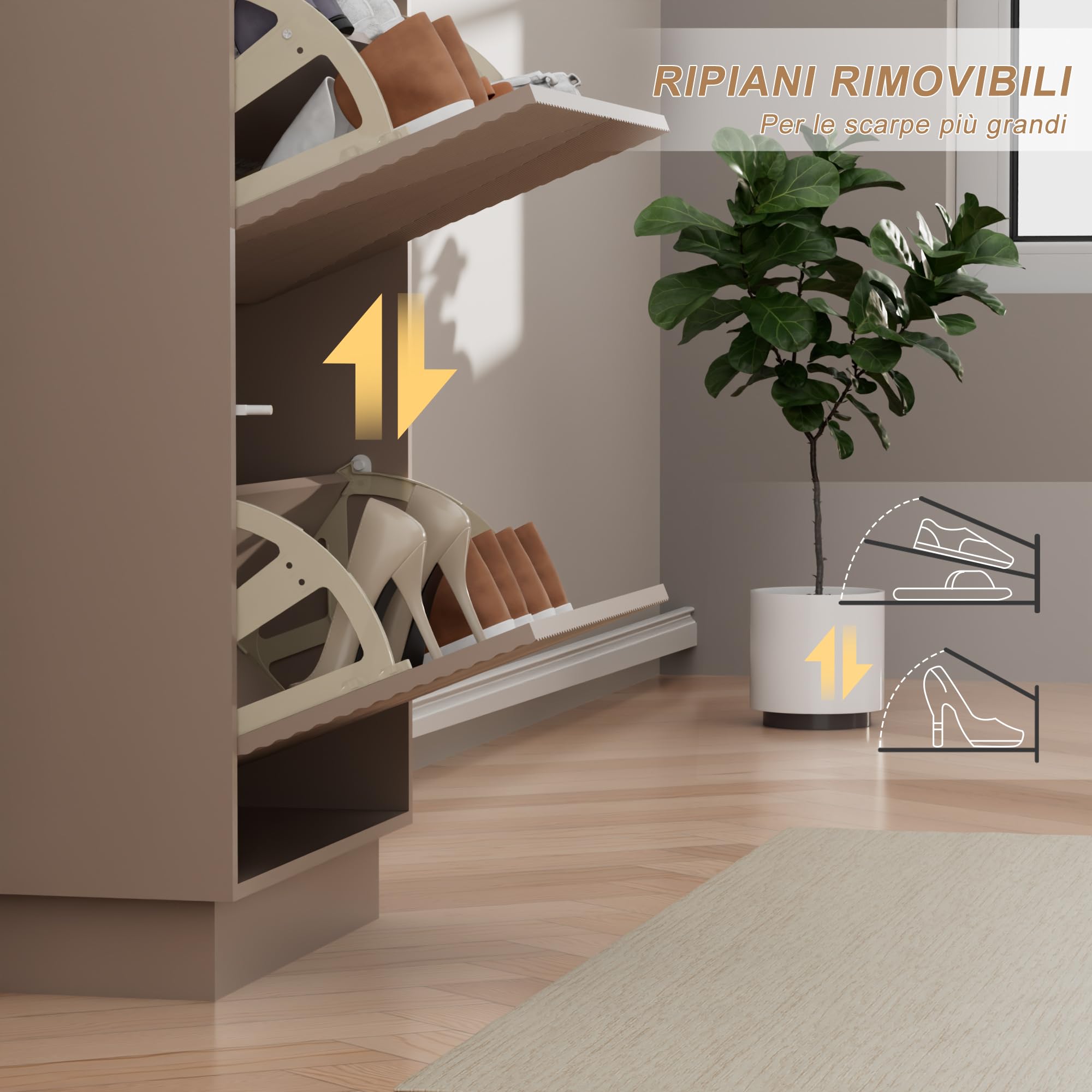 UEV Scarpiera da Ingresso con 3 Ante in Deisgn Intaglio, Mobile Scarpiera Bella e Funzionale con Ripiani Rimovibile e Regolabile, Scarpiere Salvaspazio Slim Stabili, 50 x 24 x 131cm, Beige Mocca