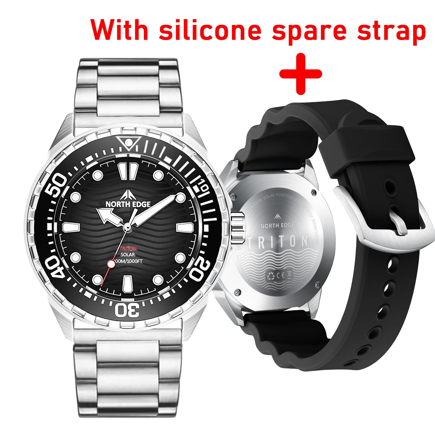 Orologio da uomo a energia solare, resistente all'acqua fino a 300 m, in acciaio inox, cinturino in acciaio 316L, orologio analogico al quarzo per immersioni e uso quotidiano