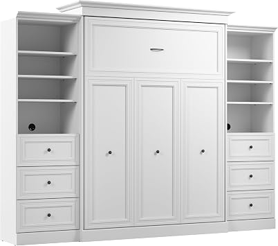 Bestar Versatile Queen Murphy Bed and 2 Closet Organizers with Drawers 115W in White, Sleeping Arrangement and Wardrobes for Multipurpose Room