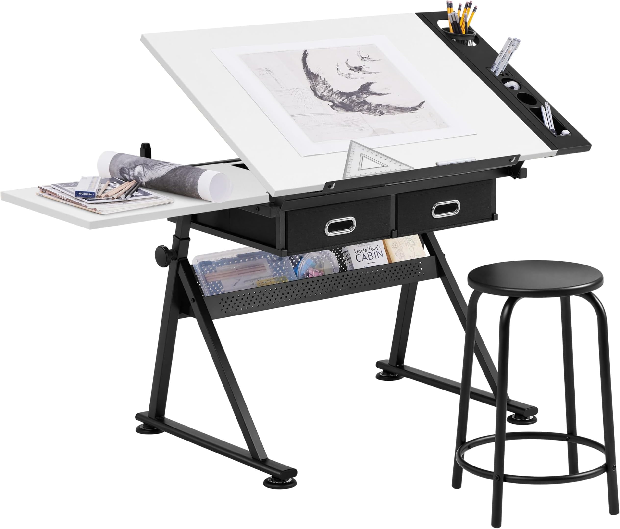 Yaheetech Adjustable Drafting Table Art Desk,Storage Drawers & Stool,White | MDF tabletop tilts 0-60° on a metal frame for drawing, crafts, and homework, with two supply drawers and a matching stool.