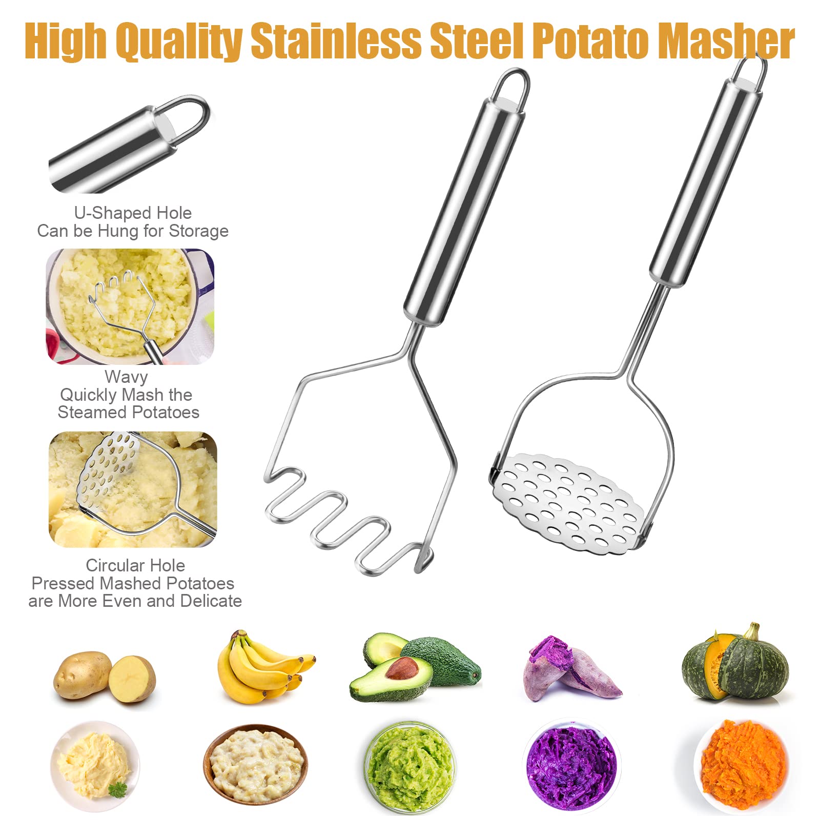 2 Piezas Machacador de Patatas de Acero Inoxidable, Profesionales Patatas Trituradas Manuales Triturador De Mano, Machacador de Alimentos Para Puré de Papas, Frijoles de Aguacate y Fruta