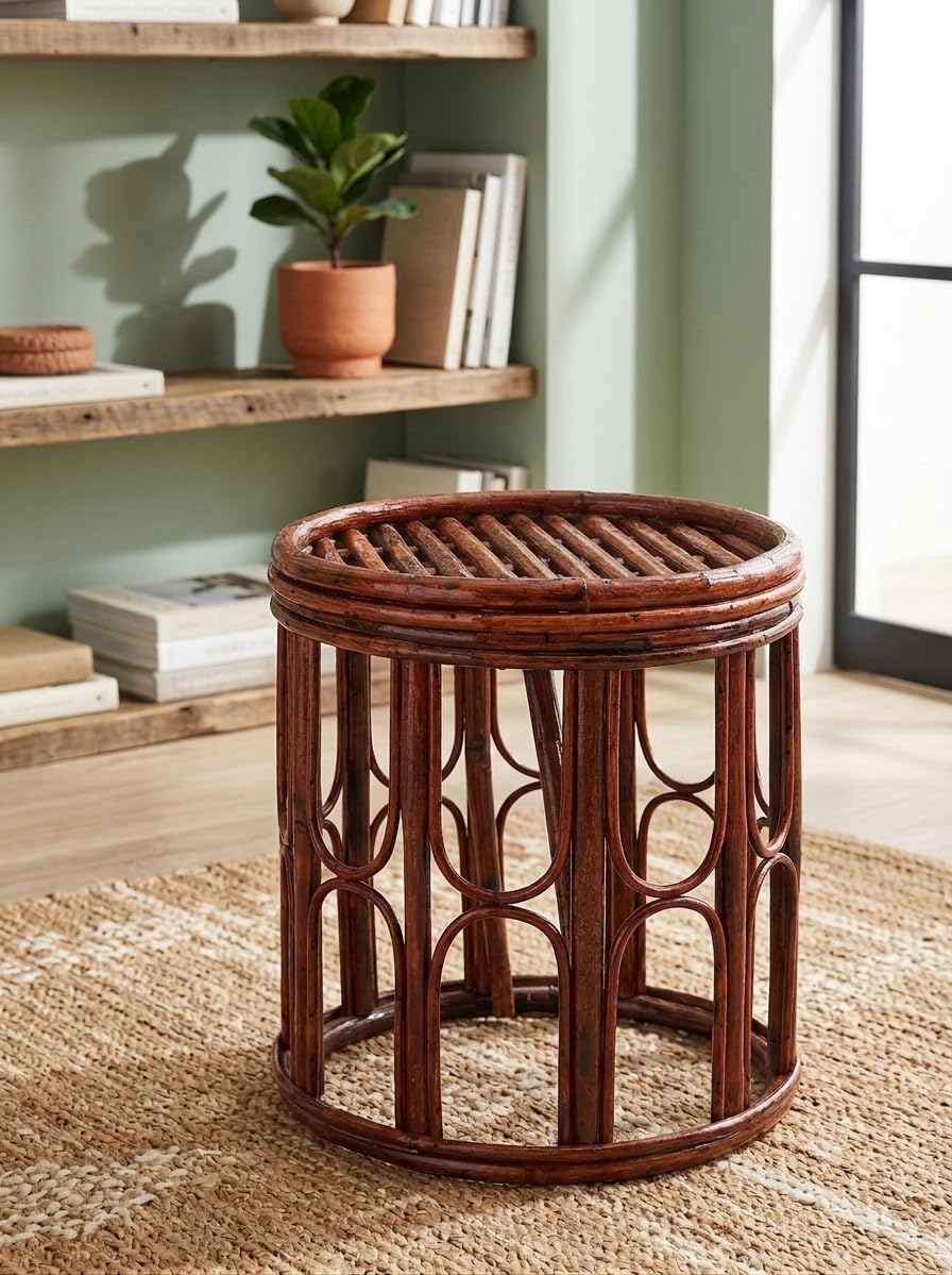 IRA Cane Mudda Stool Brown 13x13x14 Inches | Round Wooden Top Sitting Stool for Living Room, Balcony and Garden Seating-image-34