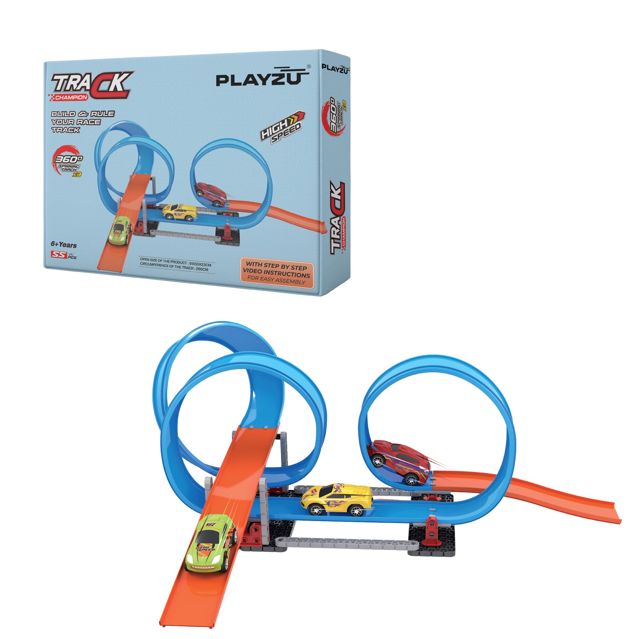 Playzu 679113-55 pcs Triple 360 Degree Loops Racing Track Game with Building Block Sets and One Strong 1:64 Scaled Pull Back Car and Track Easy to Assemble for 6+ Years (B0CTT436K8) Amazon Price History, Amazon Price Tracker