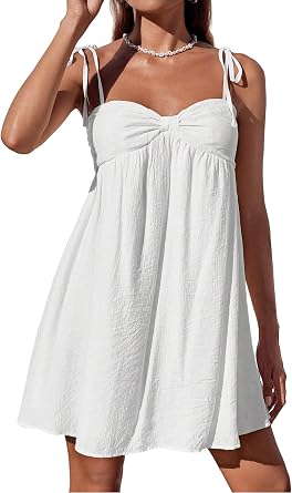 Womens Sundress Summer Mini Babydoll Spaghetti Strap Dresses Flowy Short Cute Boho Casual Dress White