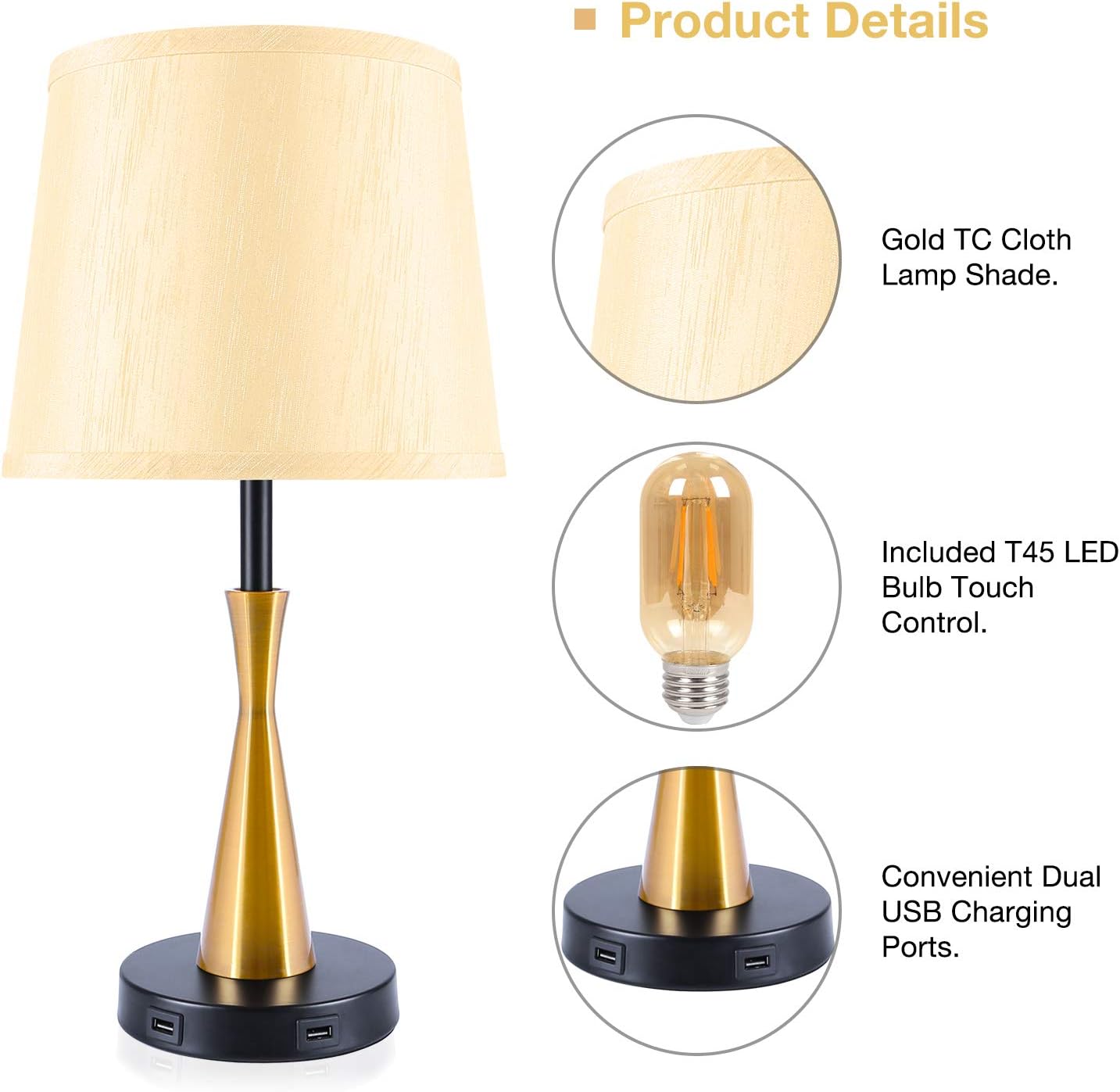 Weekly Top Sale 3 Way Dimmable Touch Control Bedside Desk Lamp Set with 2 USB Charging Ports, Acaxin 18.42Inch End Table Lamp for Living Room, Soft Touch Sensor Bed Light for Bedroom, Guest Room( Bulb Included)