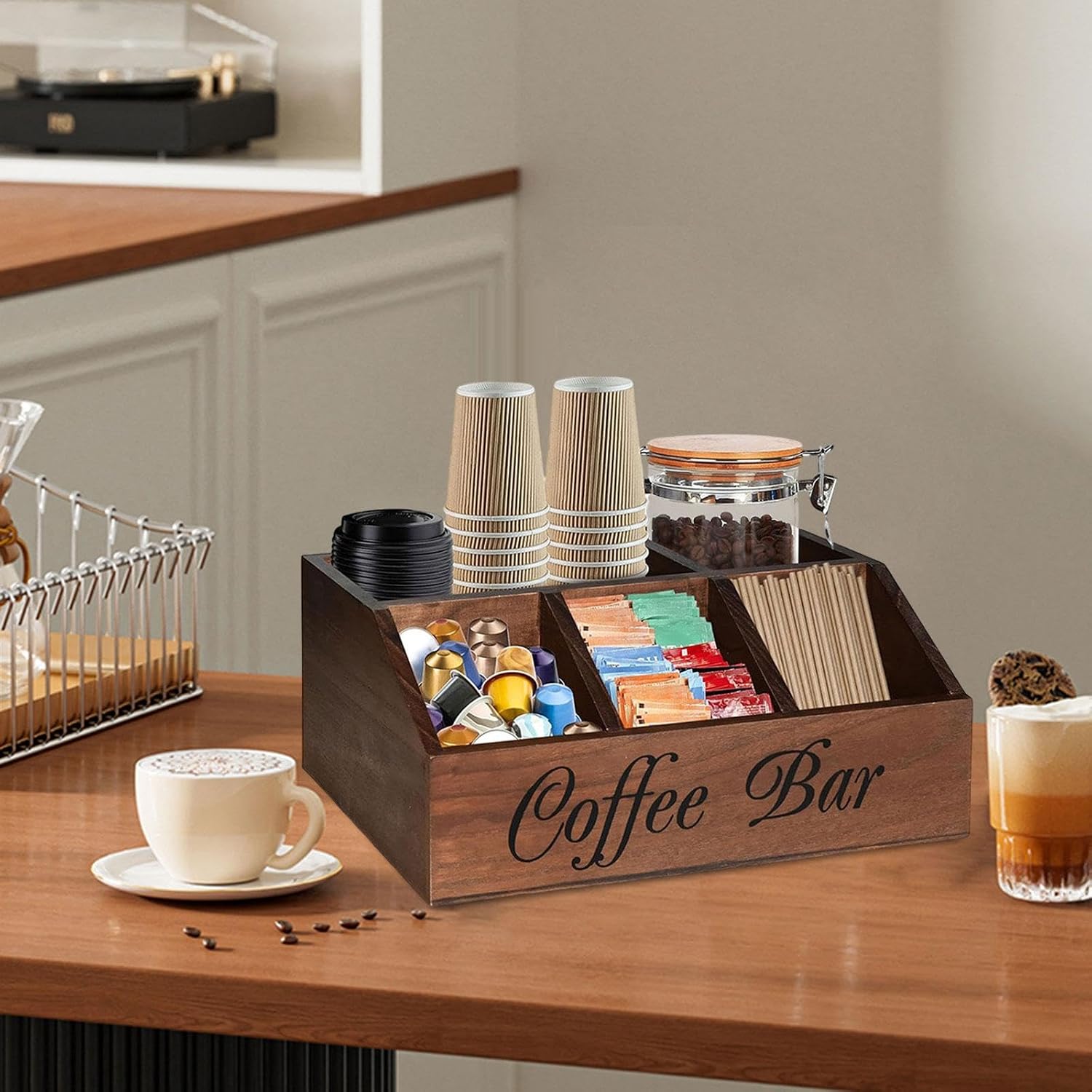 Coffee Station Organizer Desktop Space Saving Rustic Wooden