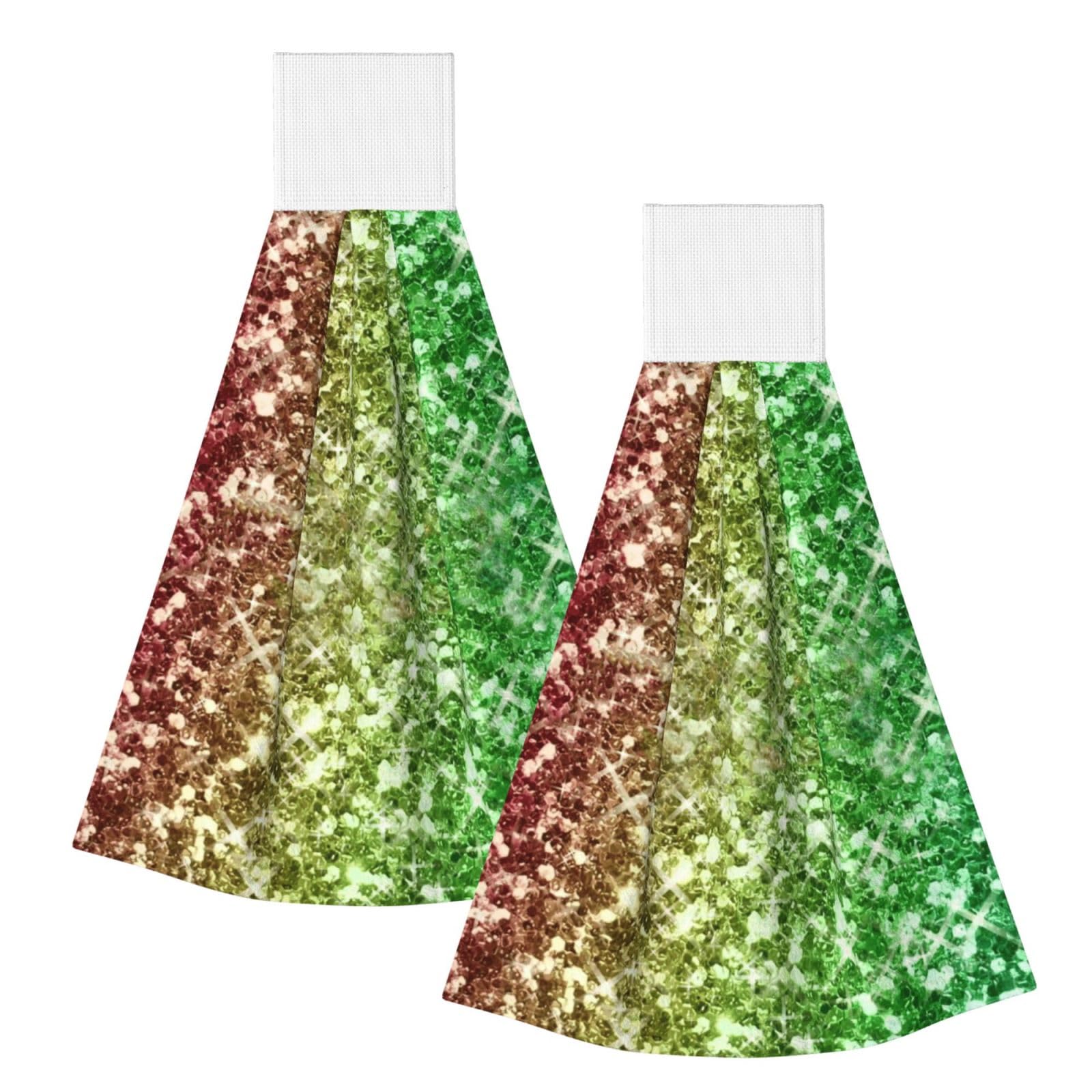 DOPKLNA Rainbow Glitter Sparkle, 2 Pcs Hanging Coral Fiber Hand Towels for Bathroom, Absorbent Kitchen Towels