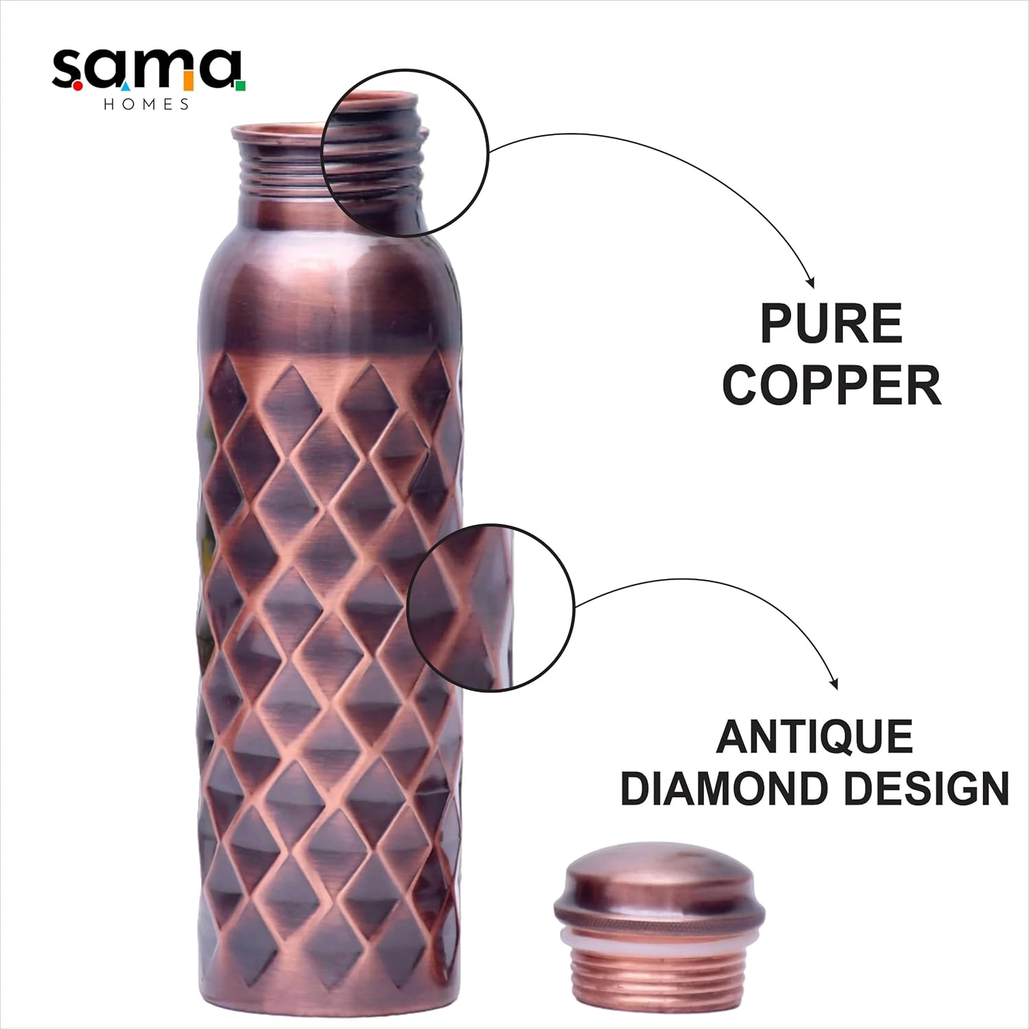 Pure Copper Water Bottle Antique Diamond Design Capacity 1000ML Antique Black Copper 7x7x27 CM