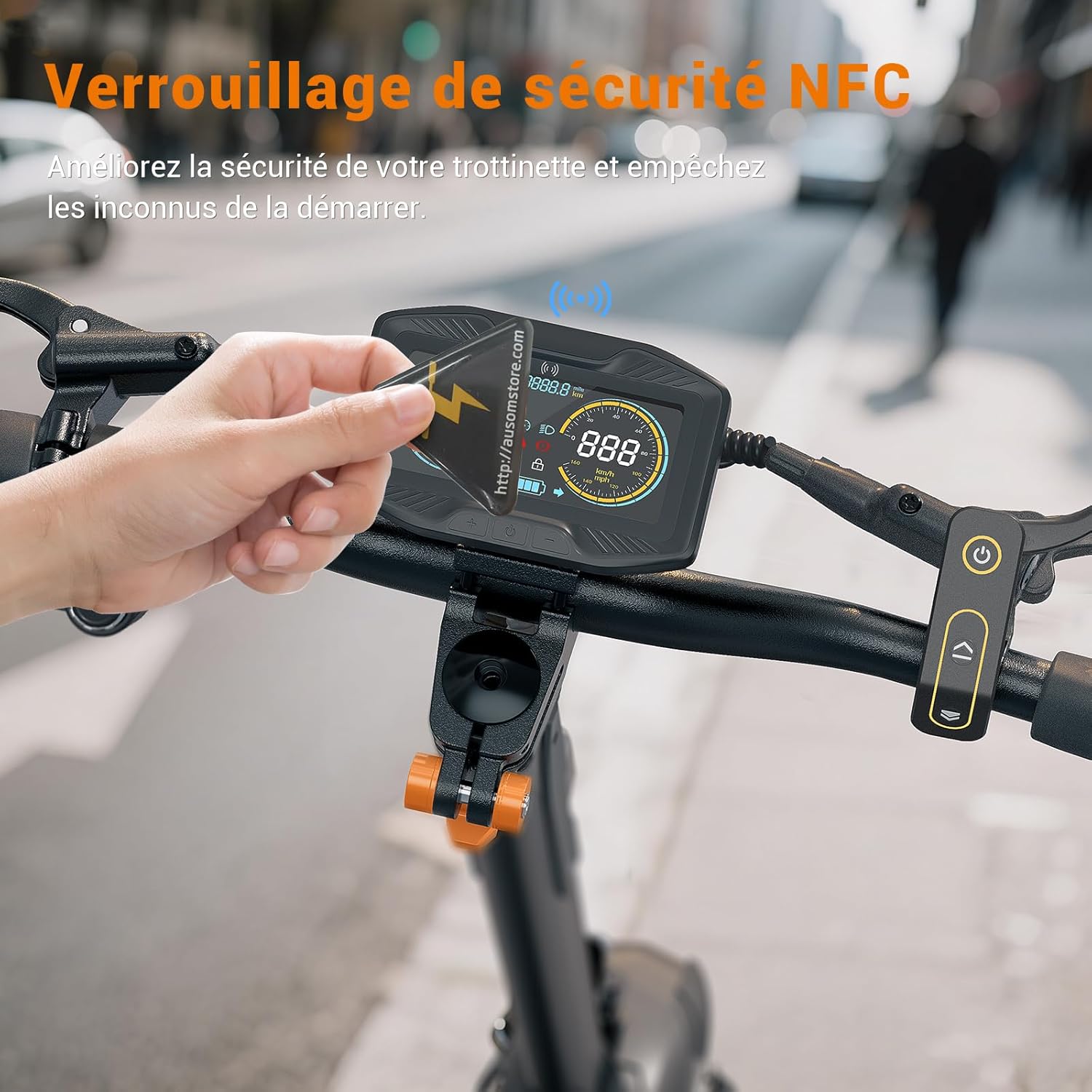 Hand holding an NFC card near the Ausom SR1 scooter's display to unlock it.