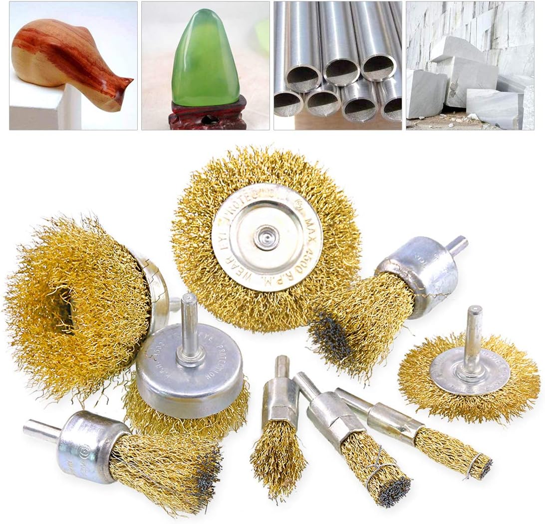 9 Packs Wire Drill Brush Sets 9 Size Brass Coated Wire Wheel and Cup Brush Set with 1/4 Inch Round Shank for Rust Paint Corrosion Removal Polishing
