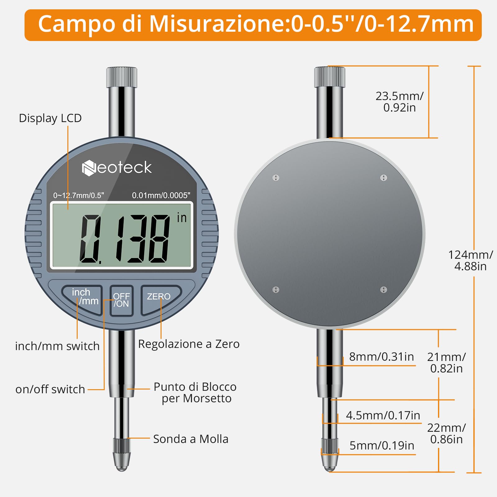 Neoteck Set di Comparatori per Alesaggio 18-160mm con Indicatore Digitale 0~12,7mm/0,5" e Custodia ABS