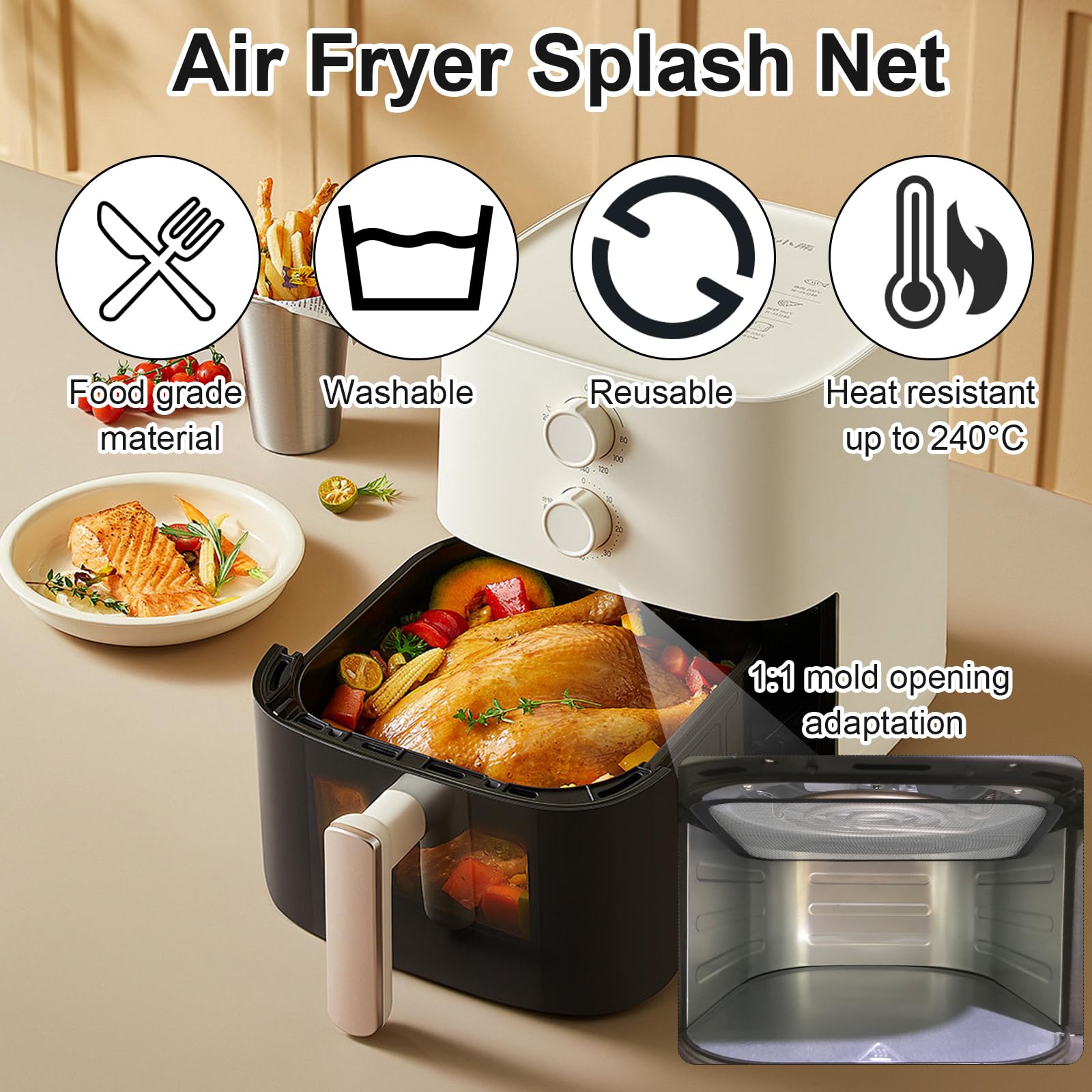 Grille Anti-éclaboussures Pour Airfryer Cosori & Philips - Magnétique, 22x21 Cm - Protège L'élément Chauffant, Réduit La Fumée, Lavable Au Lave-vaisselle
