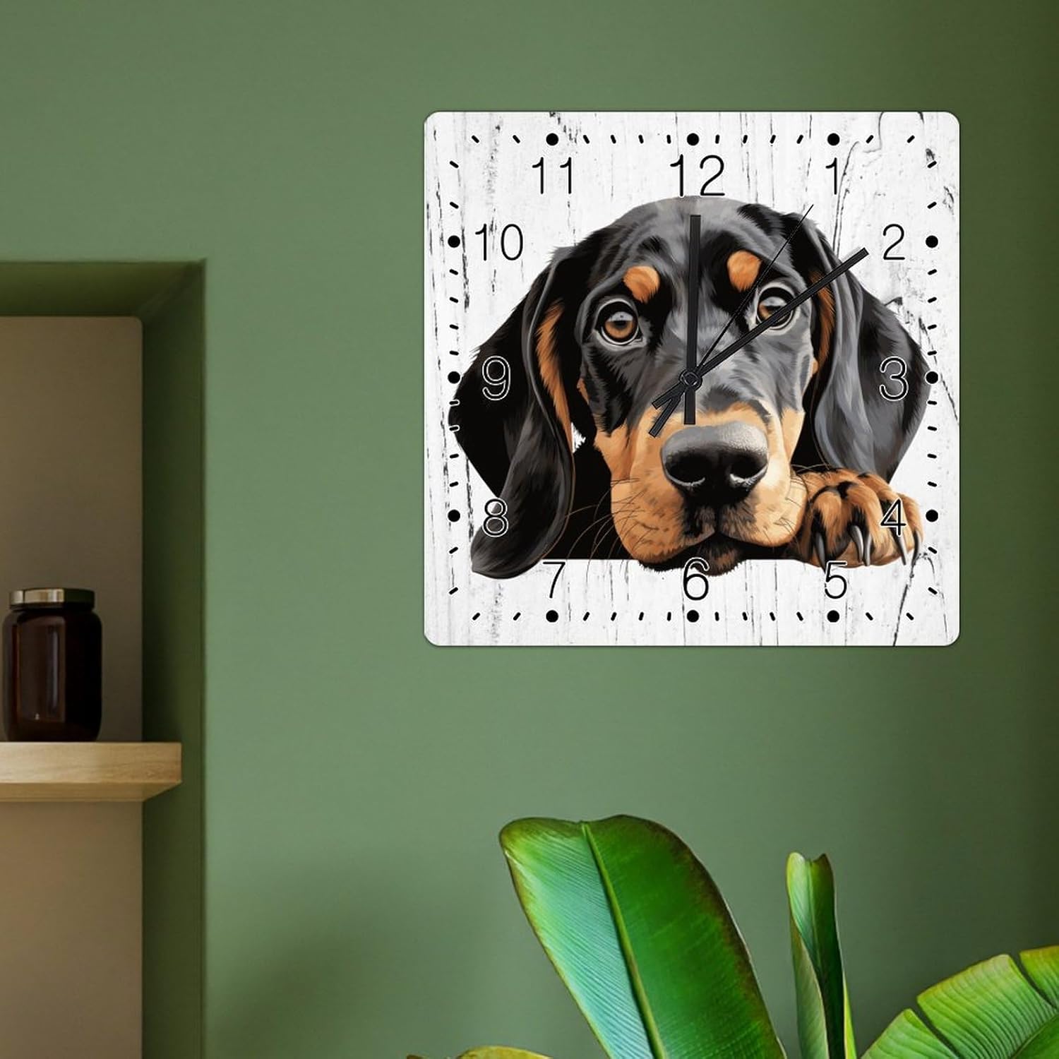 Clock Black and Tan Coonhound Art Clock Cute Funny Peeking Dog Puppy Hanging Wall Clocks Non-Ticking Battery Operated Square Clock Pet Lover's Gift Clocks for Living Room 15x15in