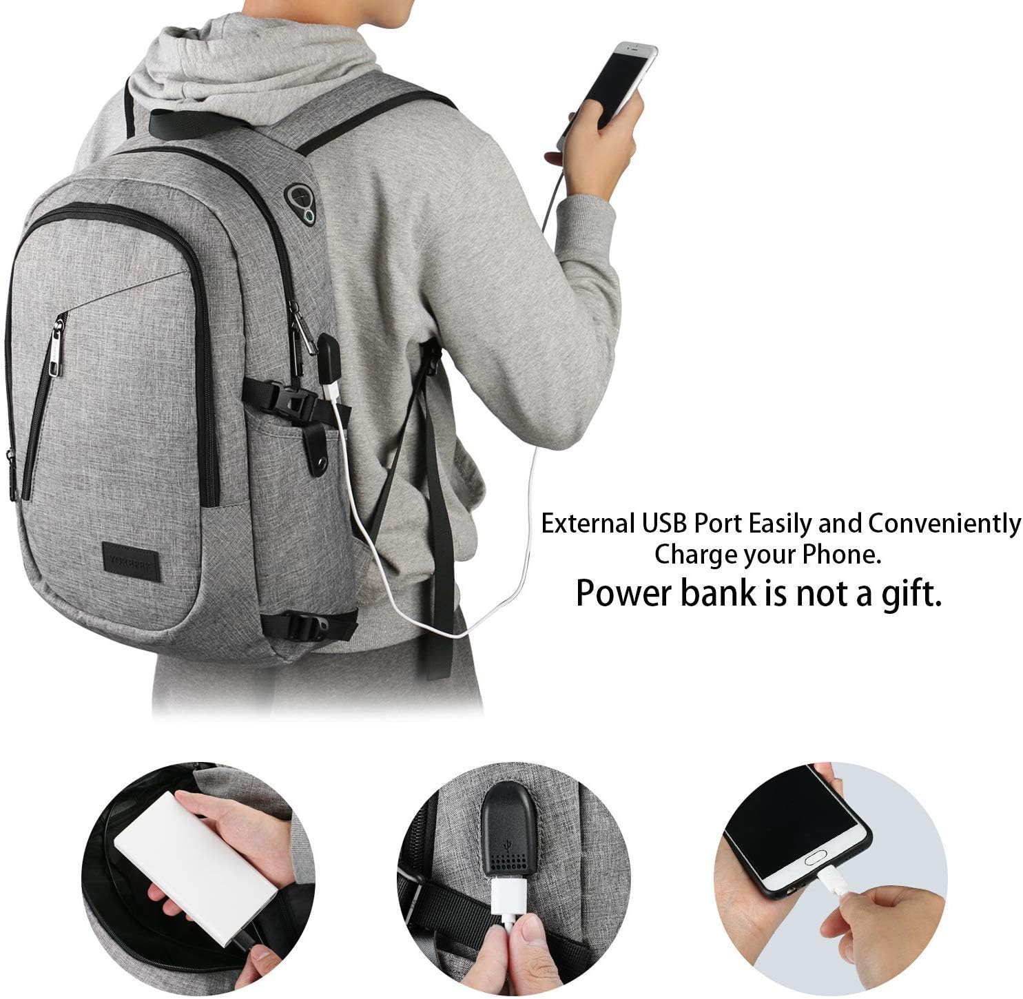 College Backpack For Men,Laptop Backpack with USB Charging Port Headphone Interface, Anti-Theft Travel Business Backpacks Water Resistant School Bookbag Fits 15.6 Inch Laptop(Gray)