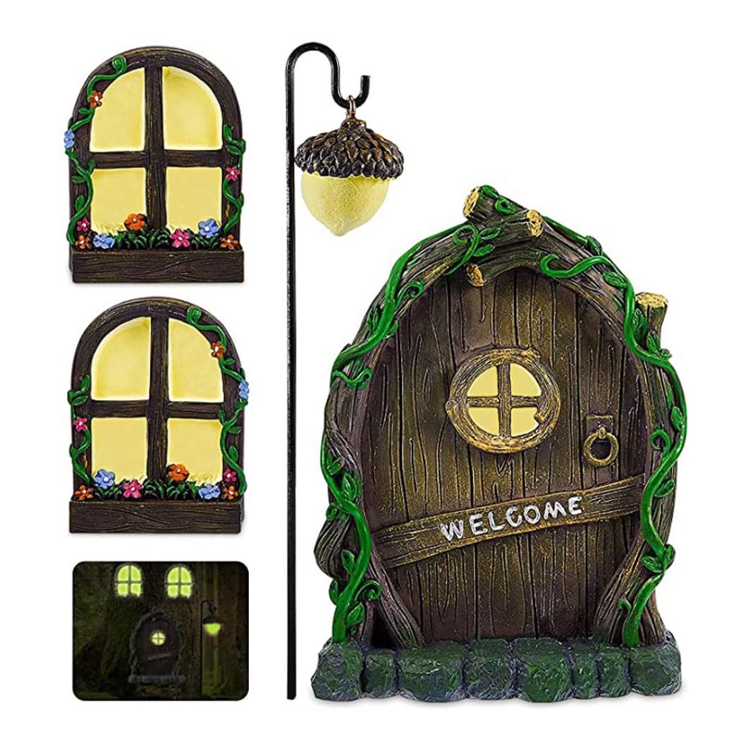 Wedhapy Miniature Fairy Window Door Fairy Garden Doors Kit Mini Resin Fairy Tree Door Set For Fairy Garden Tree Accessories