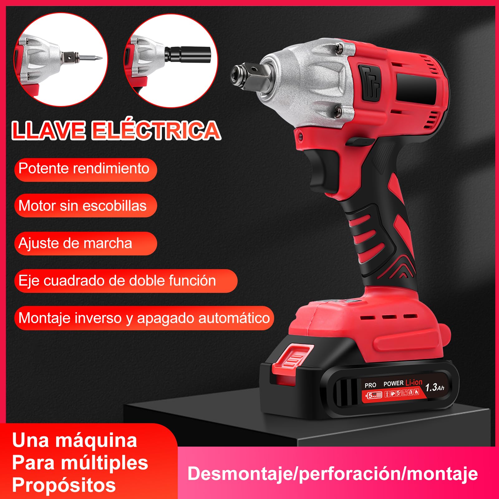 Llave de Impacto a Batería, 300Nm 1/2" Pistola de Impacto Electrica Llave de Impacto Inalámbrica sin Escobillas con 1300mAh Baterías,Atornillador de Impacto con luz led Para Coche/Cortacésped