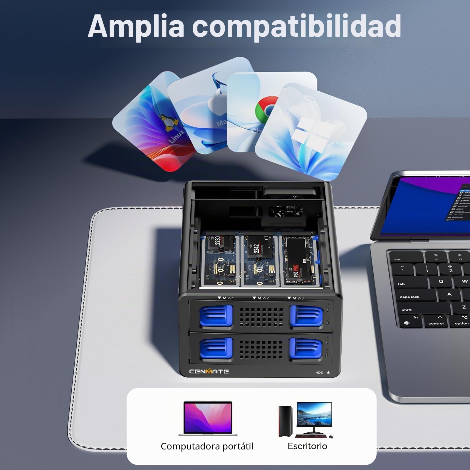 Carcasa NVMe Híbrida 3.5 HDD+3*M.2 con Ventilador para 2.5/3.5" SATA HDD/SSD, Carcasa Disco Duro USB3.2 Gen2 10Gbps Soporta 2230/42/60/80/110 SSD con 46TB de Capacidad(22TB HDD+3*8TB M.2 SSD)