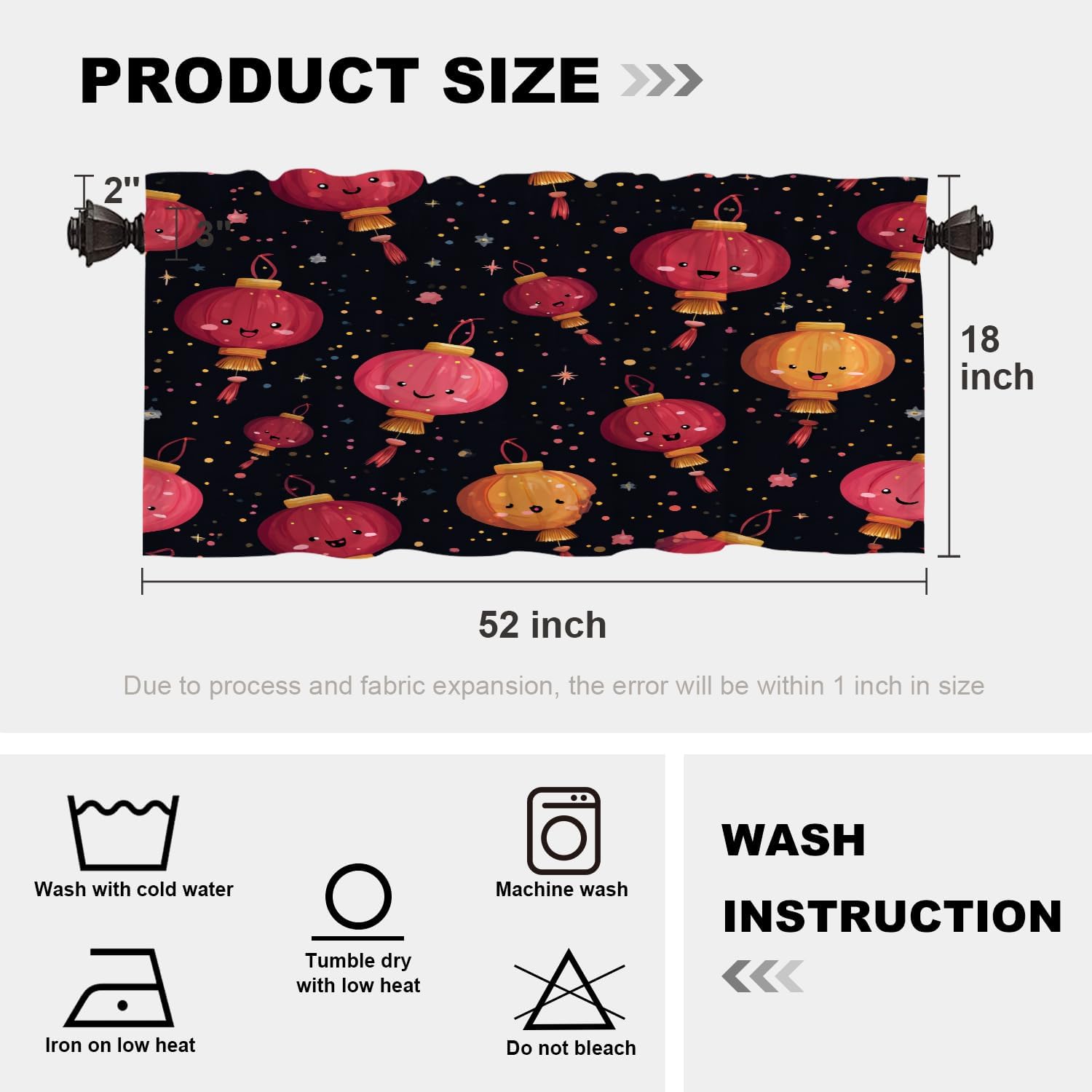 Batmerry Cute Cartoon Festive Thermal Insulated Valances for Windows,Red Lanterns Smiling Faces Sparkling Stars Kitchen Curtains Valances Set Blackout Short Valance for Bathroom, 2 Pack 52X18 Inches