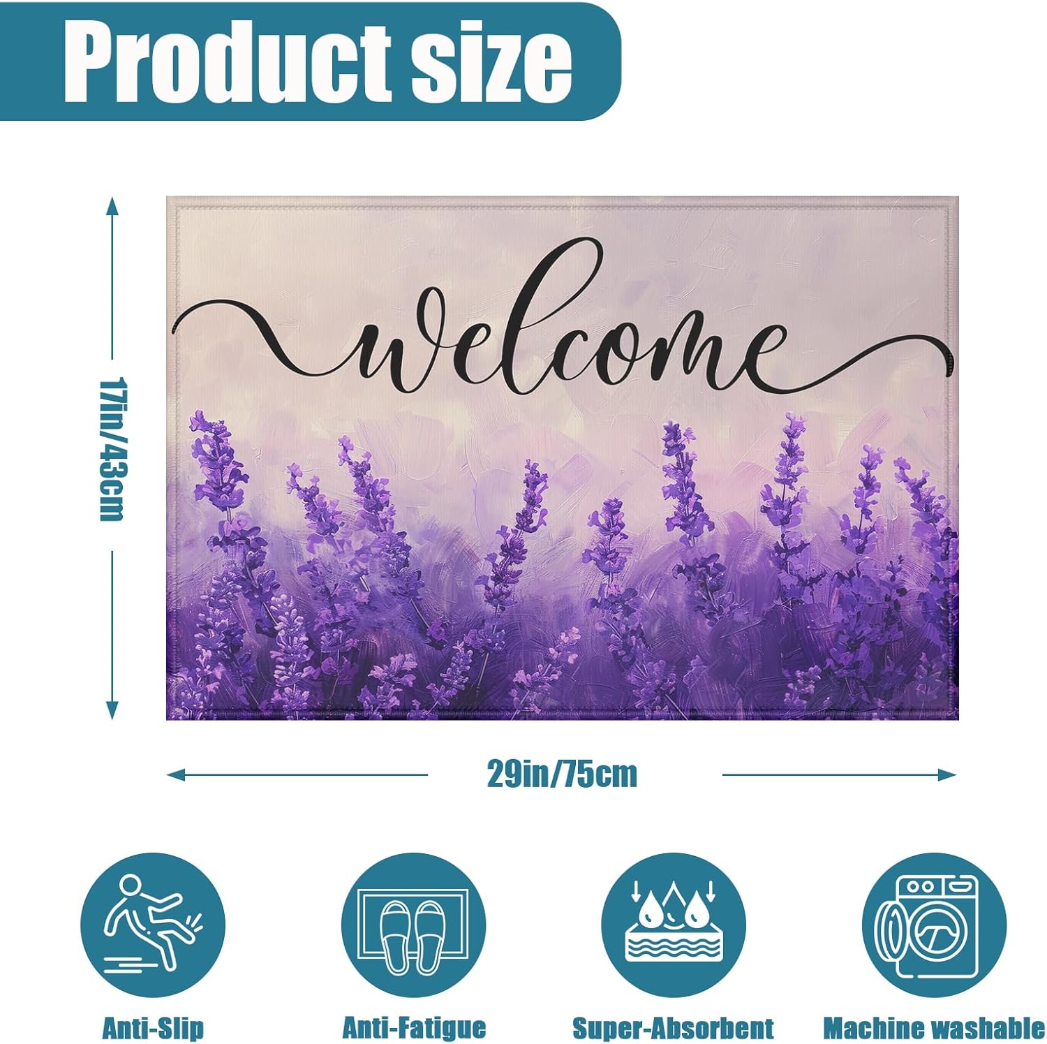Purple Lavender Welcome Indoor Door Mat, Outdoor Entrance Doormat for Entryway Kitchen Bathroom 17 X 29 Inch