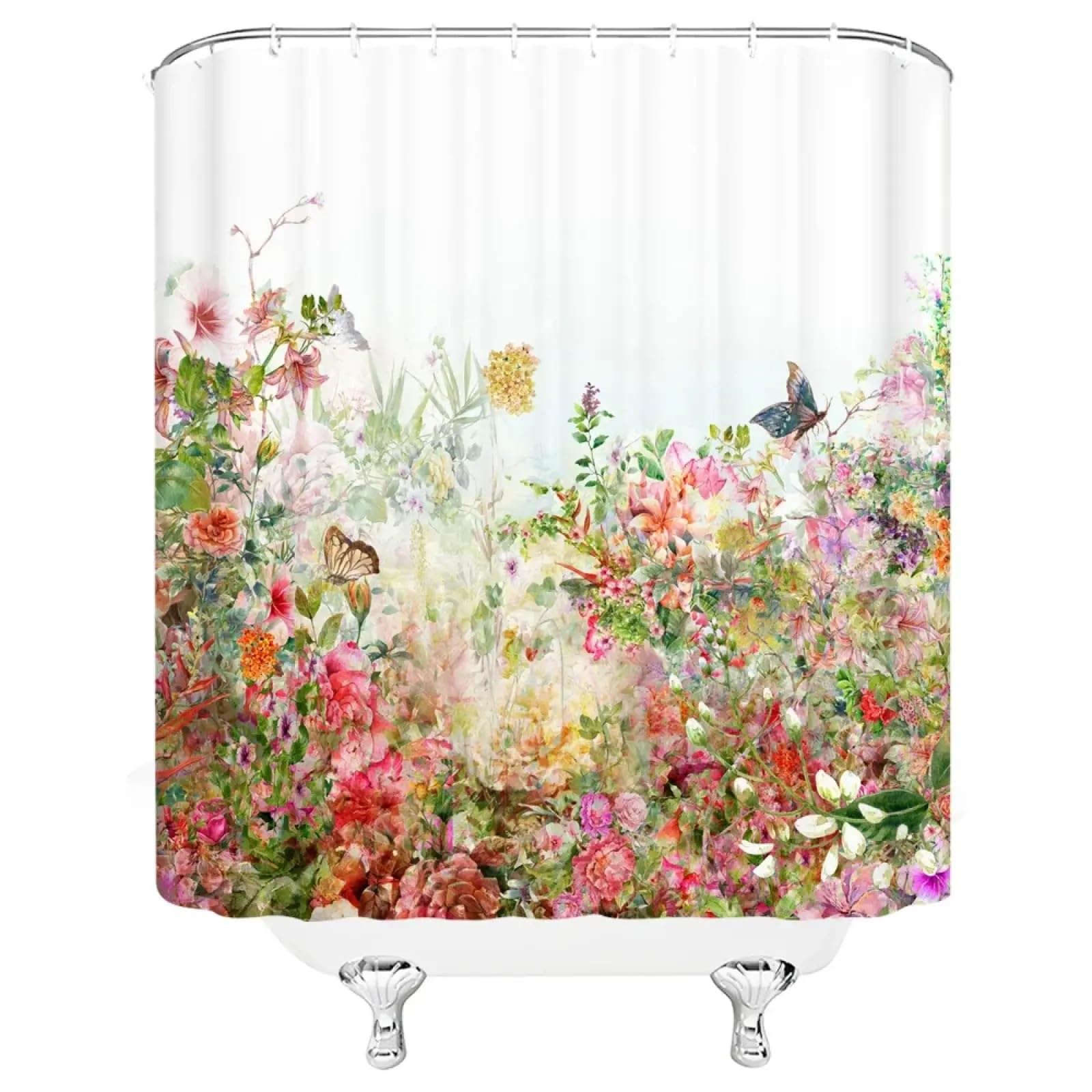 Rideau de douche imperméable fleurs et papillons 140x180cm en polyester avec crochets pour bain