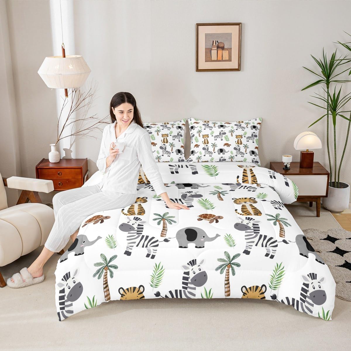 Feelyou Cute Zoo Animals Bedding Set Full Size Cartoon Tiger Elephant Comforter Set for Kids Boys Girls Decor Zebra Turtle Tropical Tree Duvet Quilt Soft Lightweight Microfiber Bedroom Decor 3Pcs