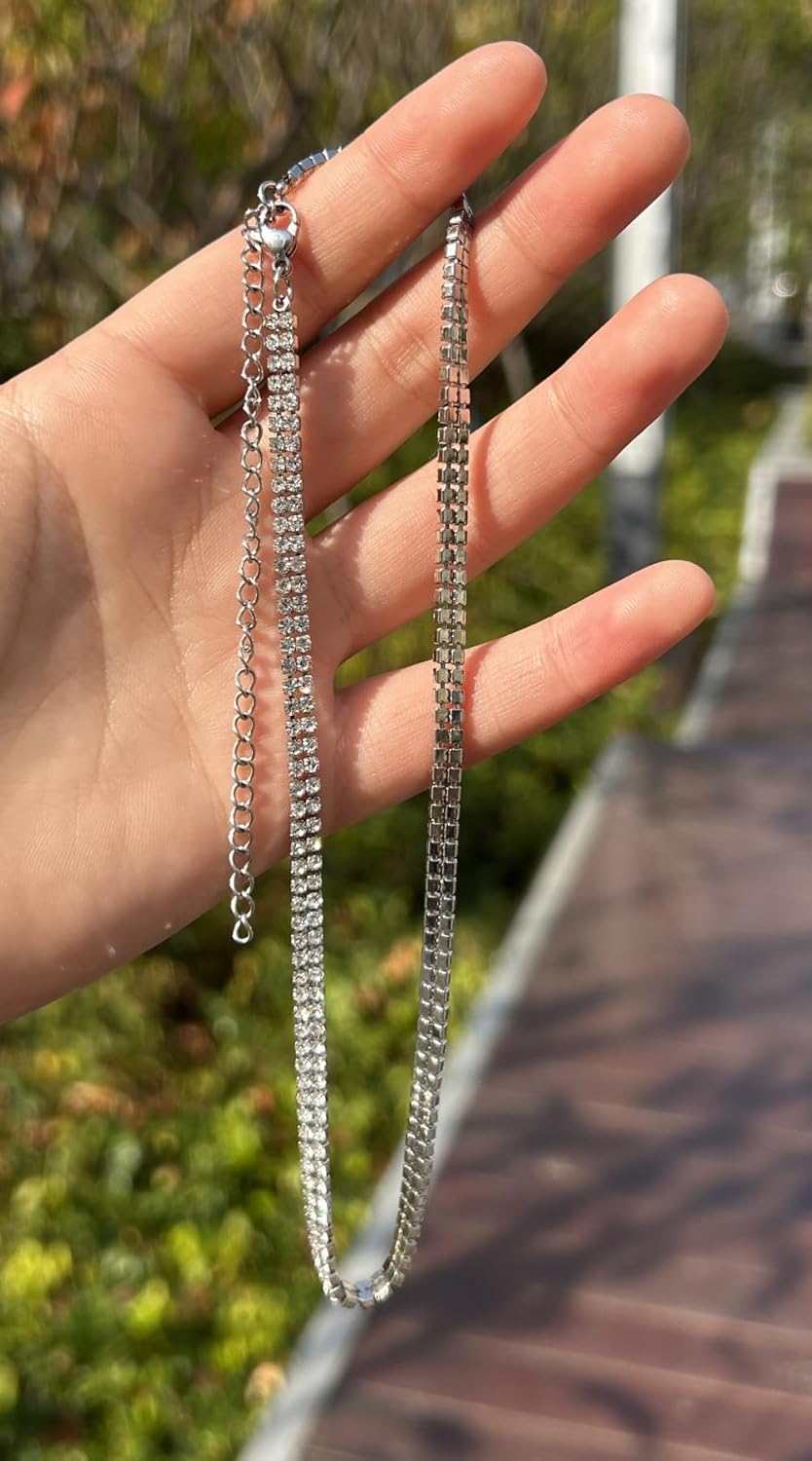 WangGao Stainless Steel Double Layer Rhinestone Choker Sparkling Crystal Tennis Necklaces for Women Shiny Cubic Zirconia Choker Jewelry Bridal Wedding Bridesmaid - Image 8