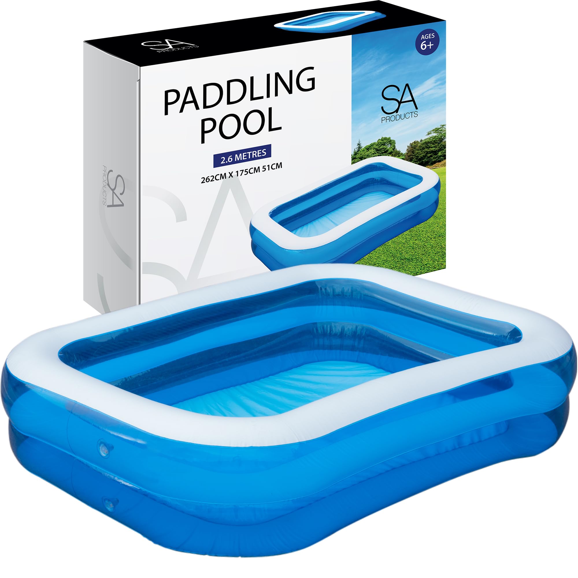 SA Products Paddling Pool 2.6M Inflatable Swimming Pool, Large PVC Rectangular Family Garden Pool for Kids & Adults, Outdoor Summer Water Play Backyard, with Repair Patches (262 x 175 x 51 cm)