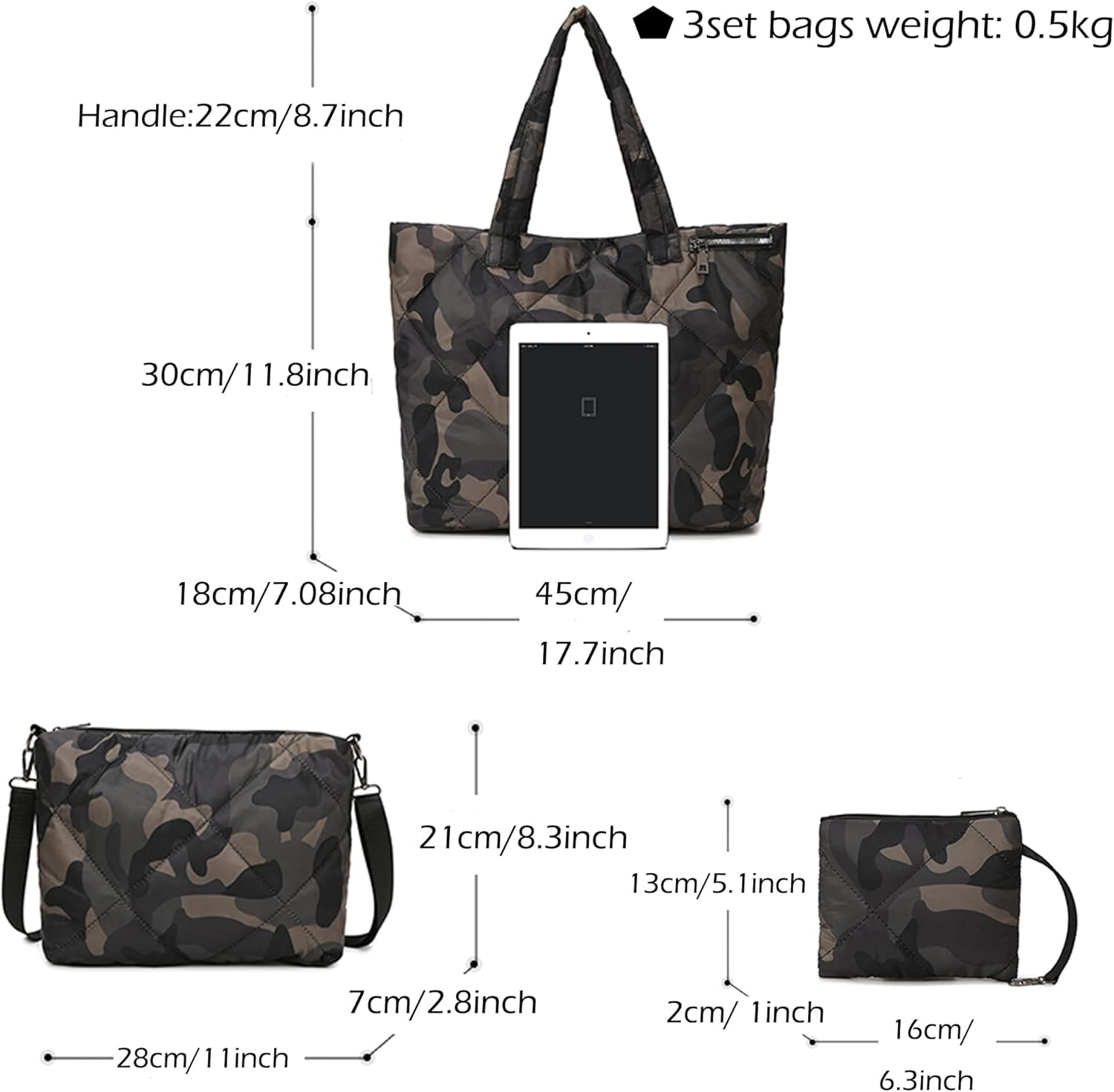 Quilted Tote Bag Set for Women, Puffer Shoulder Bag with Crossbody Purse and Small Pouch, Lightweight Travel Work Gym Handbag