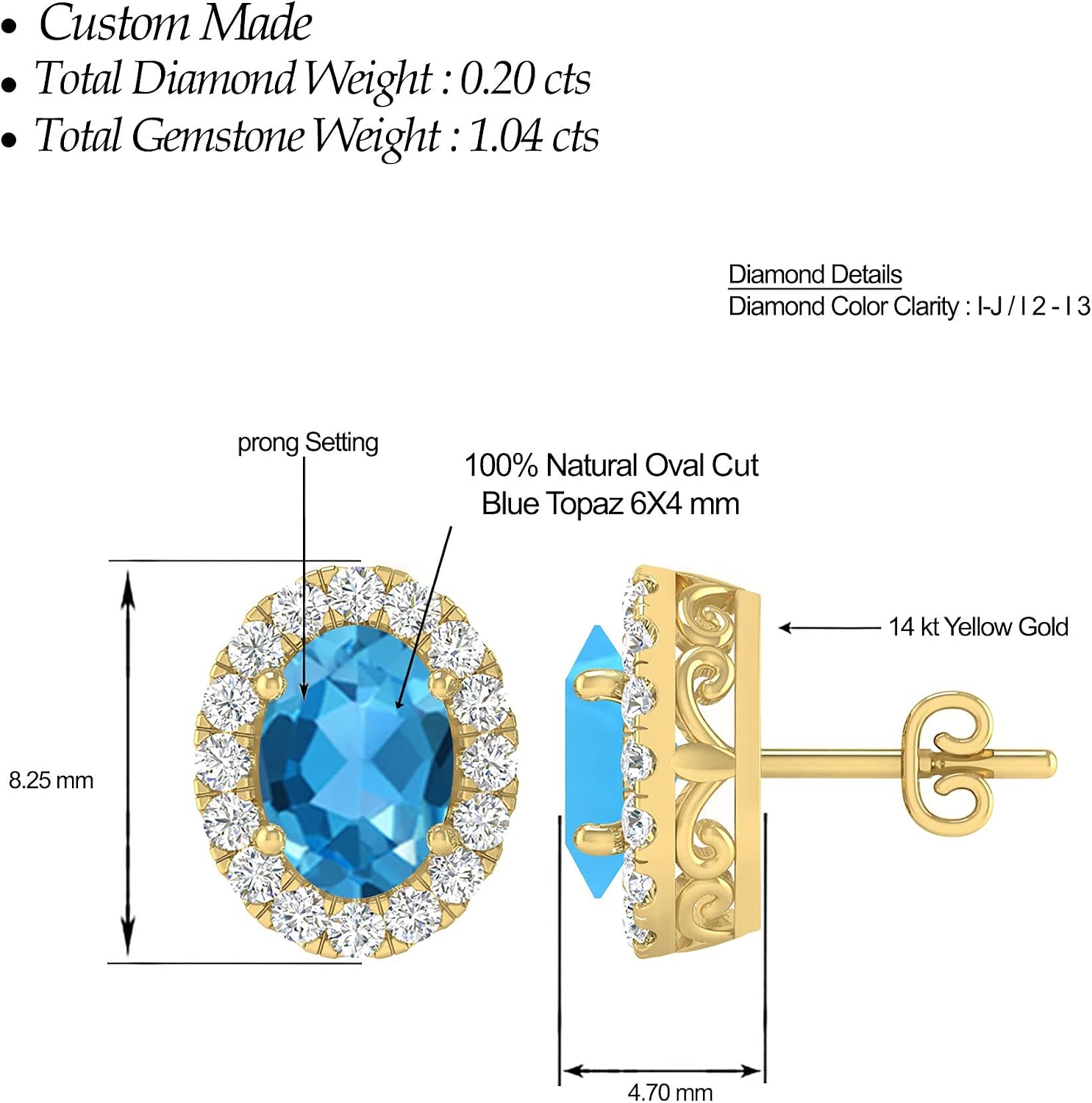 Inspereza Oval Gemstone and Round Diamond Halo Stud Earrings in 14kt Gold (6X4 MM gemstone)