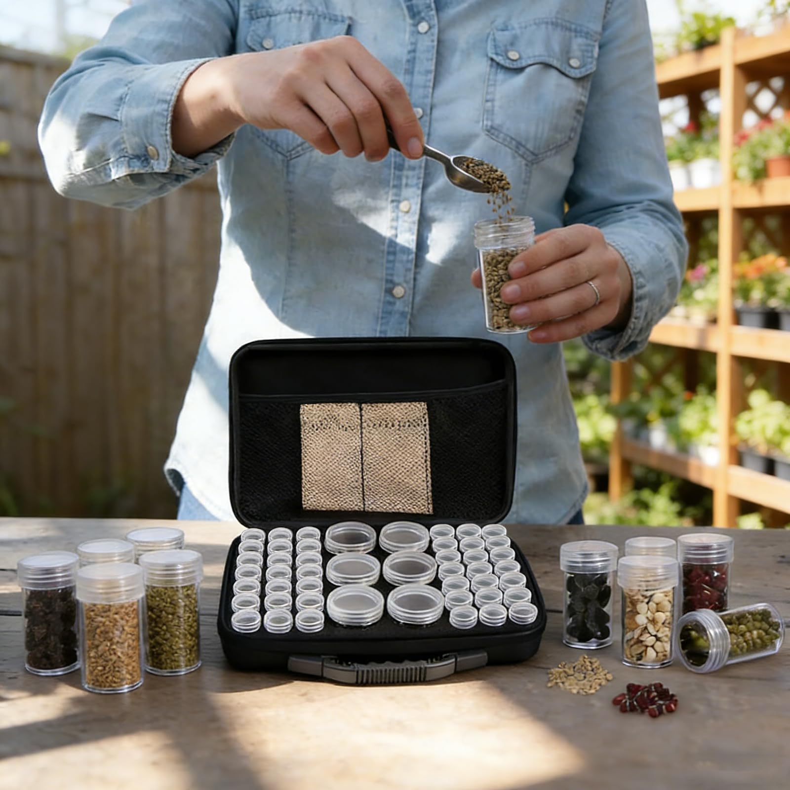 48 emplacements pour semences, boîte de rangement avec 7 sachets de graines, 2 étiquettes autocollantes et entonnoir, boîte pour graines de légumes, graines de fleurs (graines non incluses)
