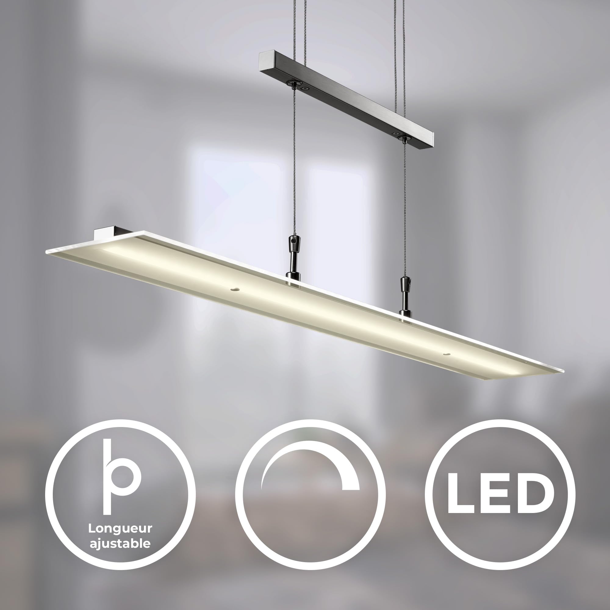 B.K.Licht - Suspension luminaire LED réglable en hauteur continu, dimmable par touche, couleur de lumière blanc chaud, suspension d'éclairage intérieur, cuisine, 85x175 cm, nickel mat