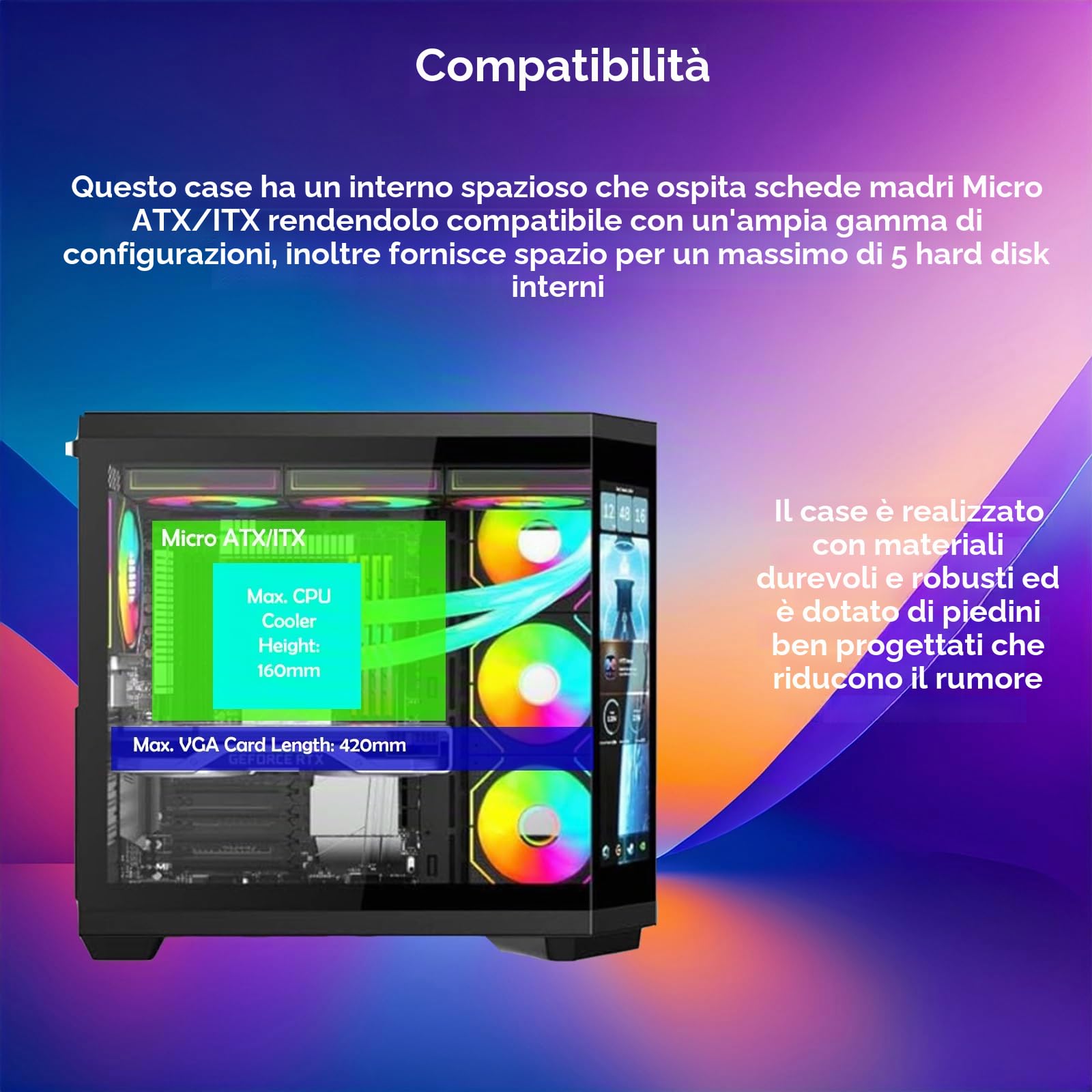 IONZ APEX Vision - Case per PC da gaming, ATX Mid Tower, doppia camera con 4 ventole ARGB PWM - Schermo LCD | Nero