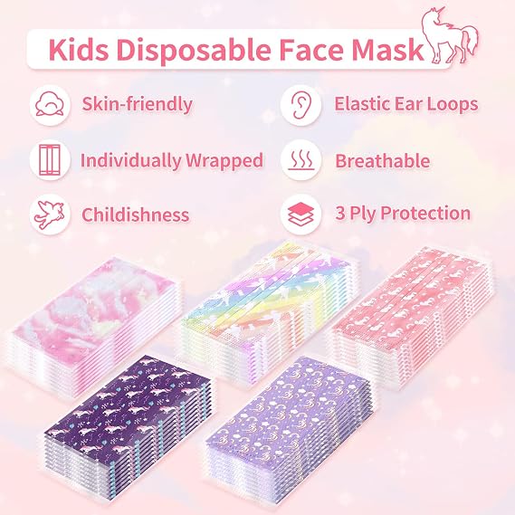 Kids Disposable Face Masks, 50 Pack, Ages 4-12, Individually Wrapped | 3 Ply Kid Face Masks, Colorful Unicorn Pattern, Cute Disposable Masks for Children, Toddlers & Girls