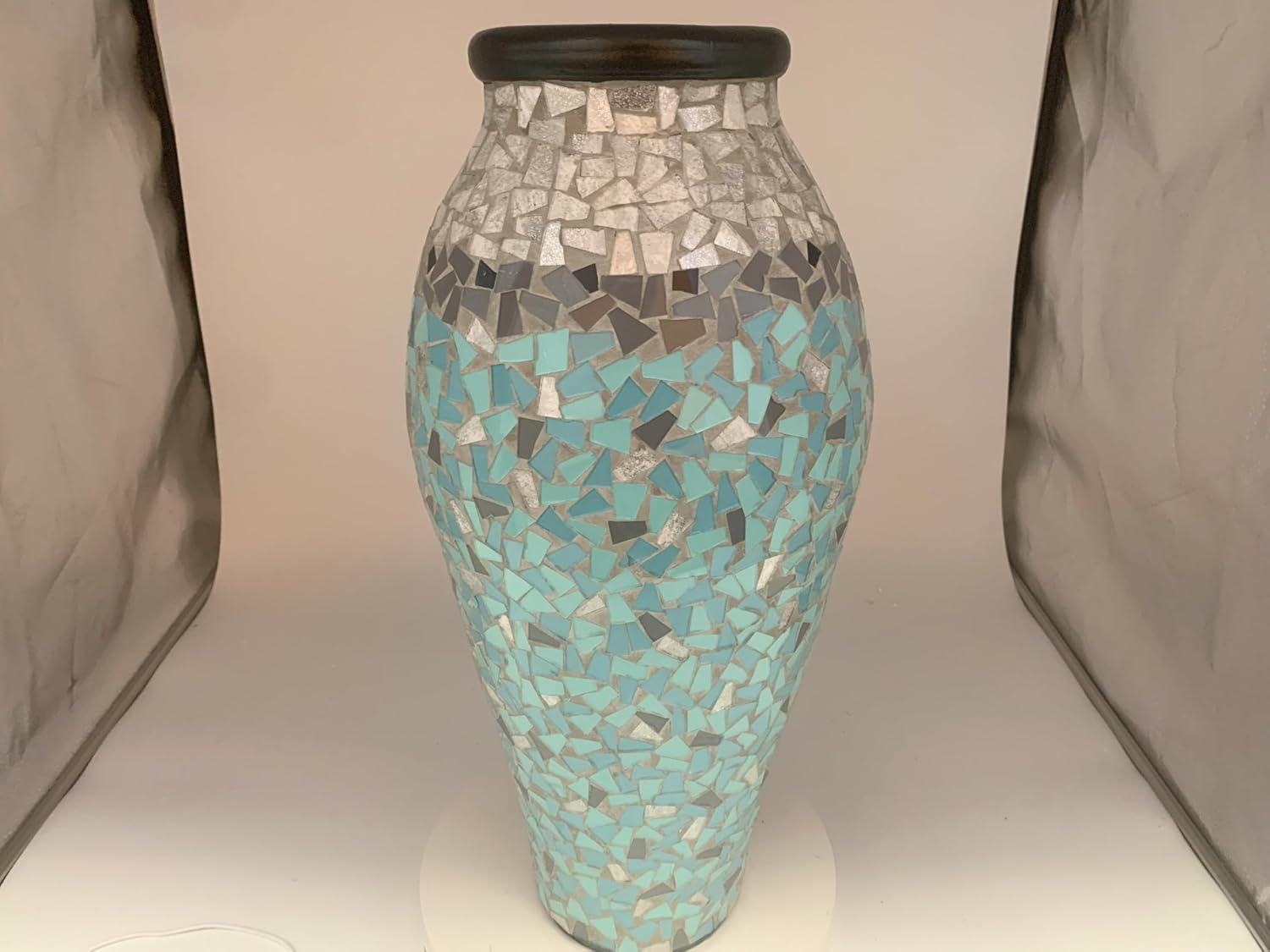 Floor Vase, 24 Inch Mosaic Vase – Tall Cylinder Made of Terracotta with Sky Blue and Teal Glass Mosaic Pieces – Handcrafted Decorative Home Décor Accent Piece for Bedroom, Living Room, Office