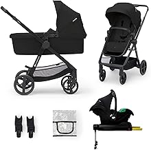 Kinderkraft Newly 4 in 1, Stroller, Pushchair, Travel System, Pram, Newborn Baby, Large Hood, Accessories, Easy Folding, Included Car Seat with ISOFIX Base, from Birth up to 22 kg, Black