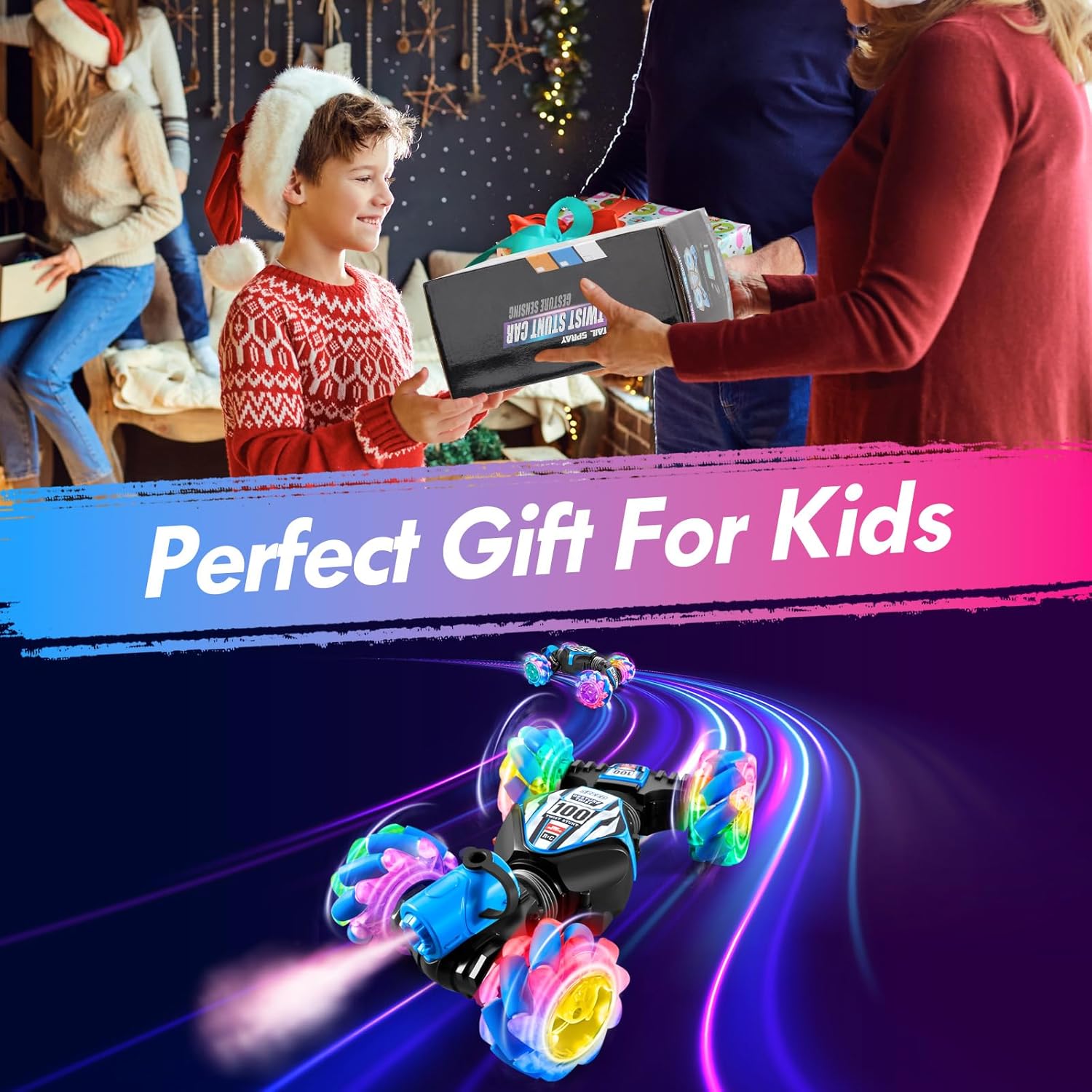 4WD Remote Gesture Sensor Car,Gesture Sensing RC Stunt Car,Remote Carwith Spray Effect LED Lights,All Terrain Off Road RC,2.4Ghz Hand,Birthday Kids Xmas Gifts