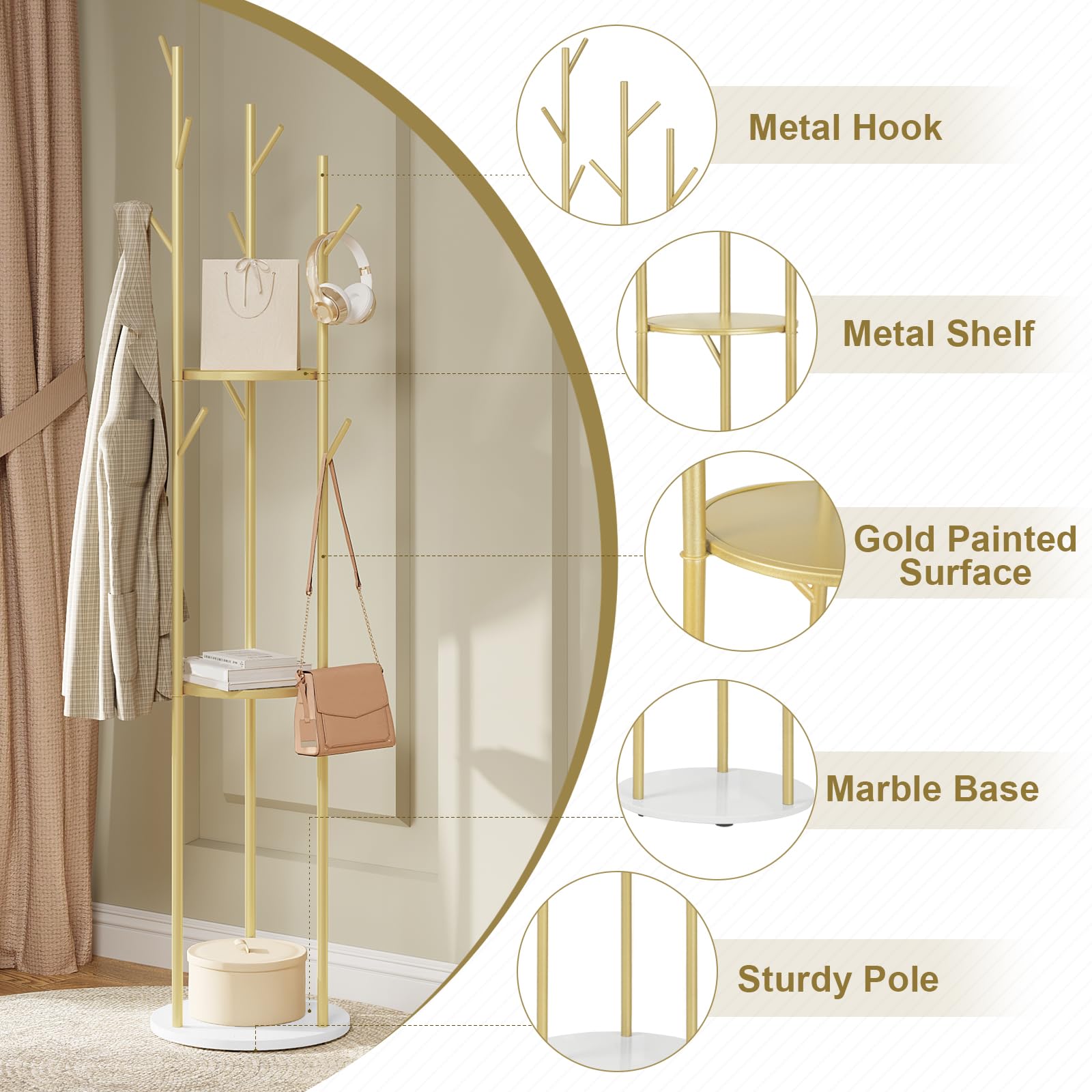 eSituro Garderobenständer gold, Baumform Kleiderständer mit 3 Ablagen Marmorbasis, Garderobe stehend mit 9 Haken, Mehrzweck Standgarderobe, für Schal Tasche Regenschirm, aus Metall