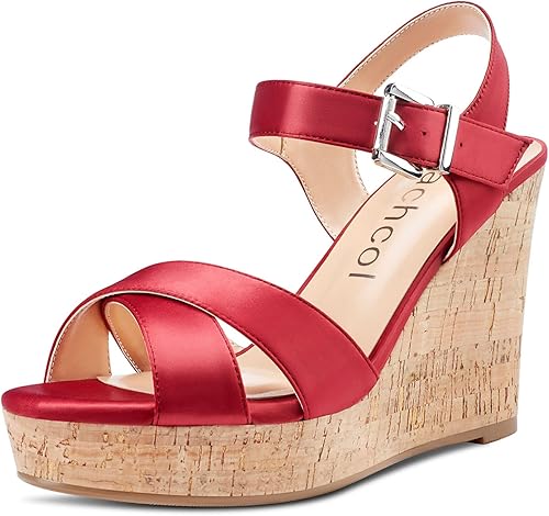 Aachcol Sandalias de cuña de corcho para mujer, puntera redonda abierta, tacón alto, correa al tobillo, zapatos de vestir transparentes, lindos y