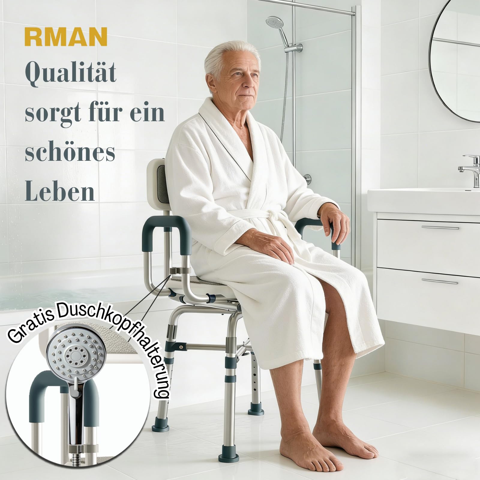 RMAN Krzesło prysznicowe, obracane o 360°, do 300 kg, przenośne, antypoślizgowe | Niemcy, aluminium, z oparciem i podłokietnikami, montaż bez użycia narzędzi, dla seniorów o ograniczonej mobilności