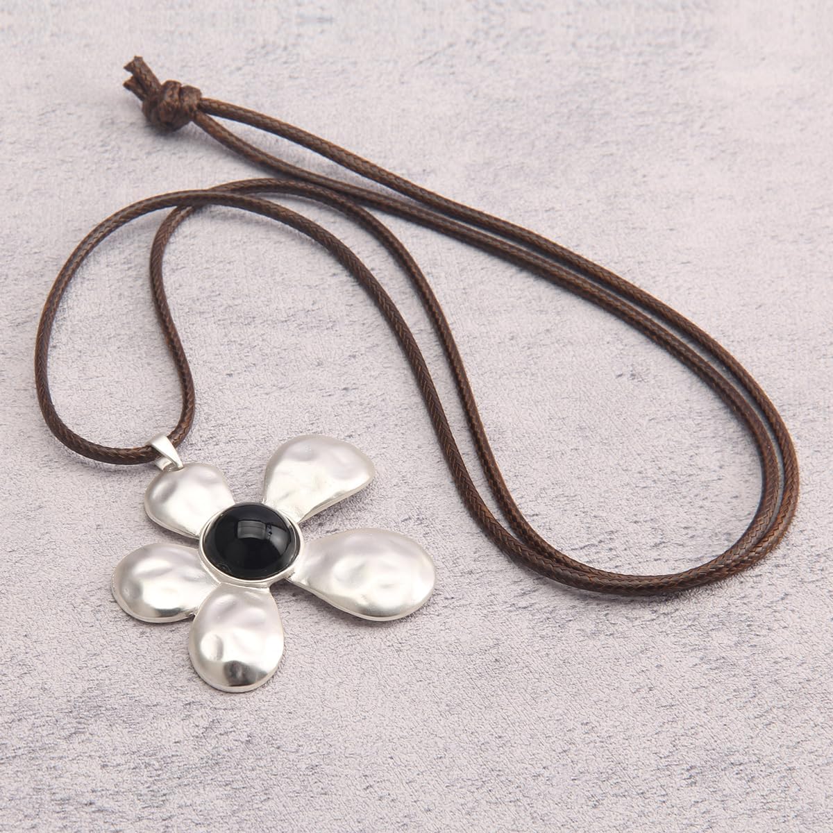 Boho Necklace for Women, Long Chunky Leather Hammered Pendant Adjustable Handmade Jewelry