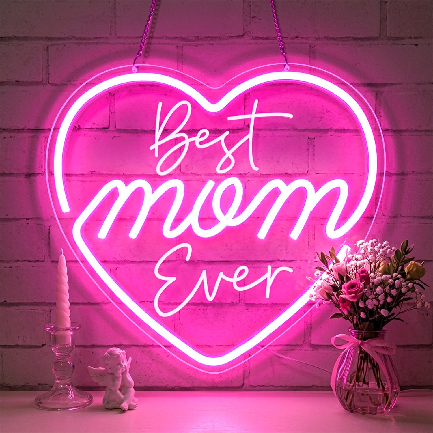 Best Mom Ever Neon Sign,LED Mother's Day Light Up Sign,Happy Mothers Day Sign,Pink Heart Neon Wall Decor,USB Powered Dimmable Neon LED Art for Mother's Room,Bedroom,Living Room,Gift for Mom